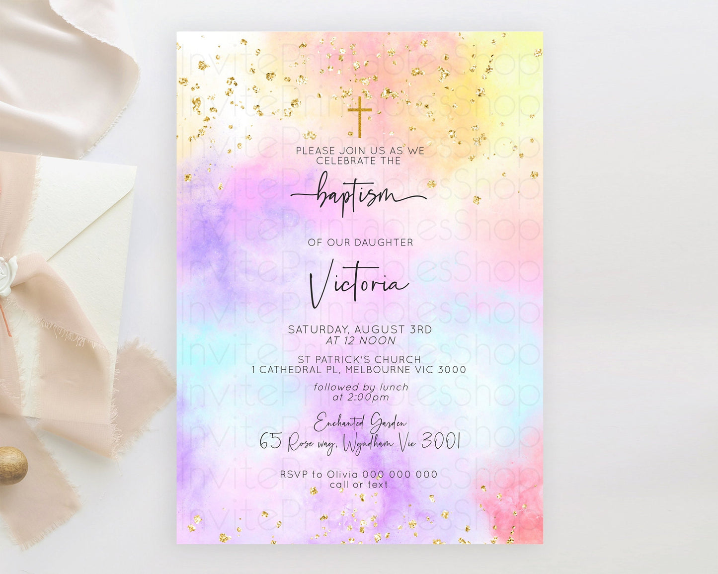 Pastel Baptism Invitation Pastel Colors Watercolor Baptism 1st Birthday Party Gold Ombre Pastel Rainbow Christening Holy Communion D10437