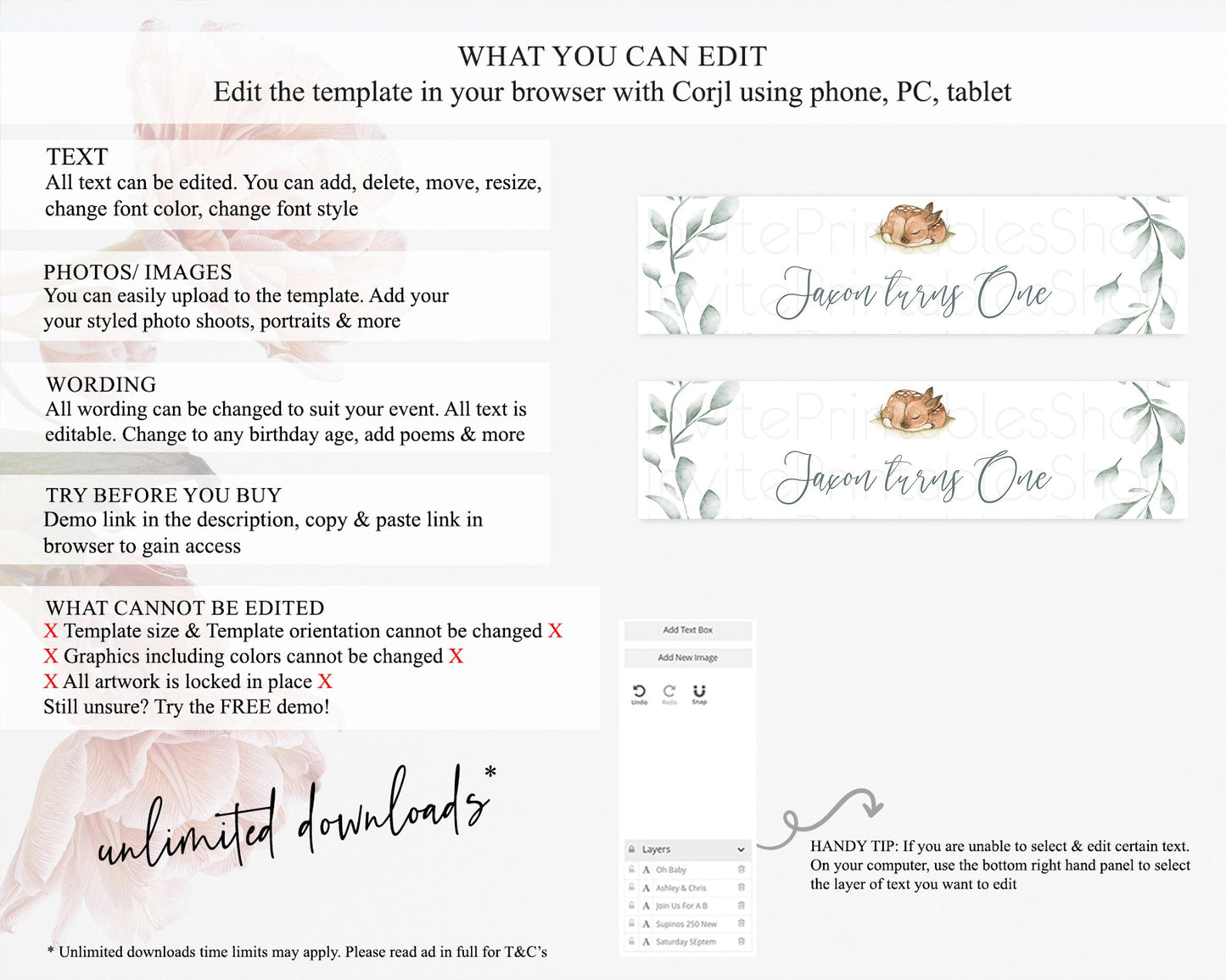 Fawn Deer Water Label Template Pastel Floral Deer Enchanted Forest Butterfly Party Decor Birthday Baptism Baby Shower Bridal Shower D10935