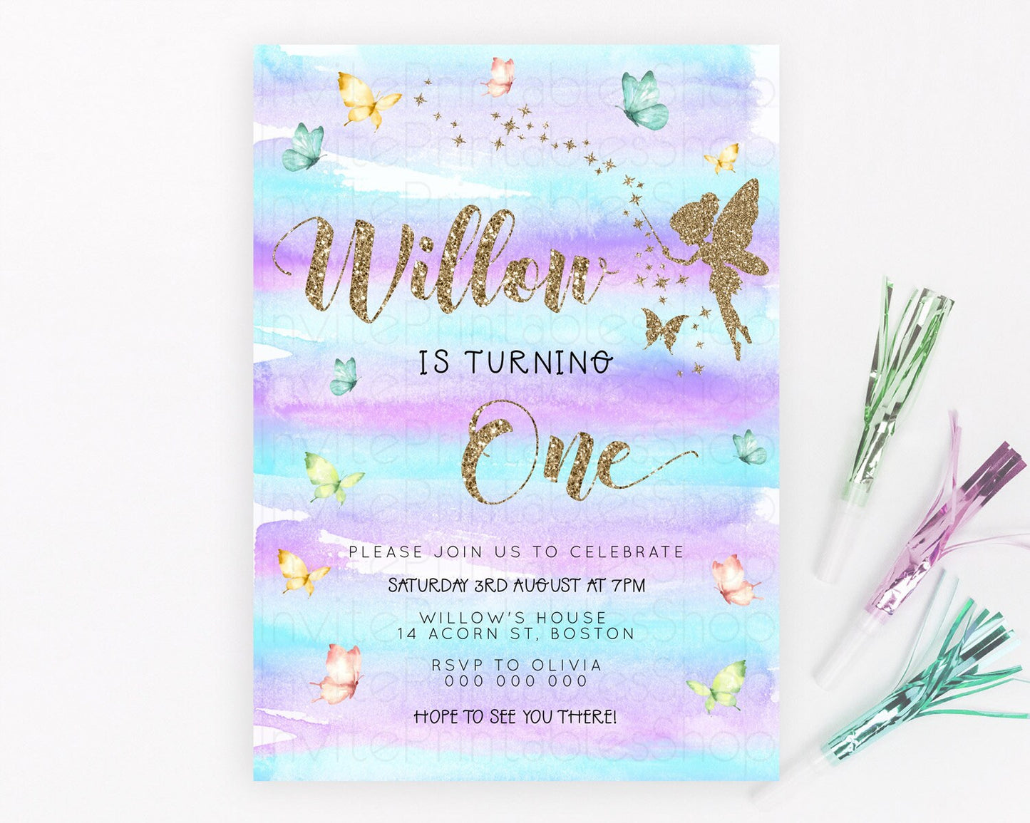 Pastel Fairy Birthday Invitation Pastel Butterflies Fairy Birthday Invitation Rainbow Ombre Watercolor 1st 2nd Birthday Invitation D23311