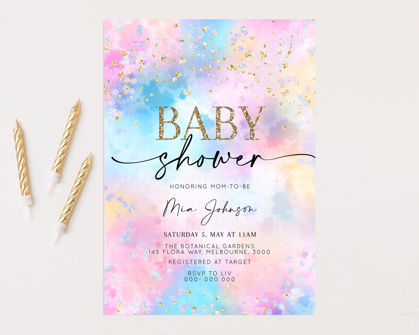 Rainbow Baby Shower Invitation Watercolor Pastel Invite Colorful Splash Baby Invite Glitter Sprinkles Ombre Clouds Invite Whimsical 589v4