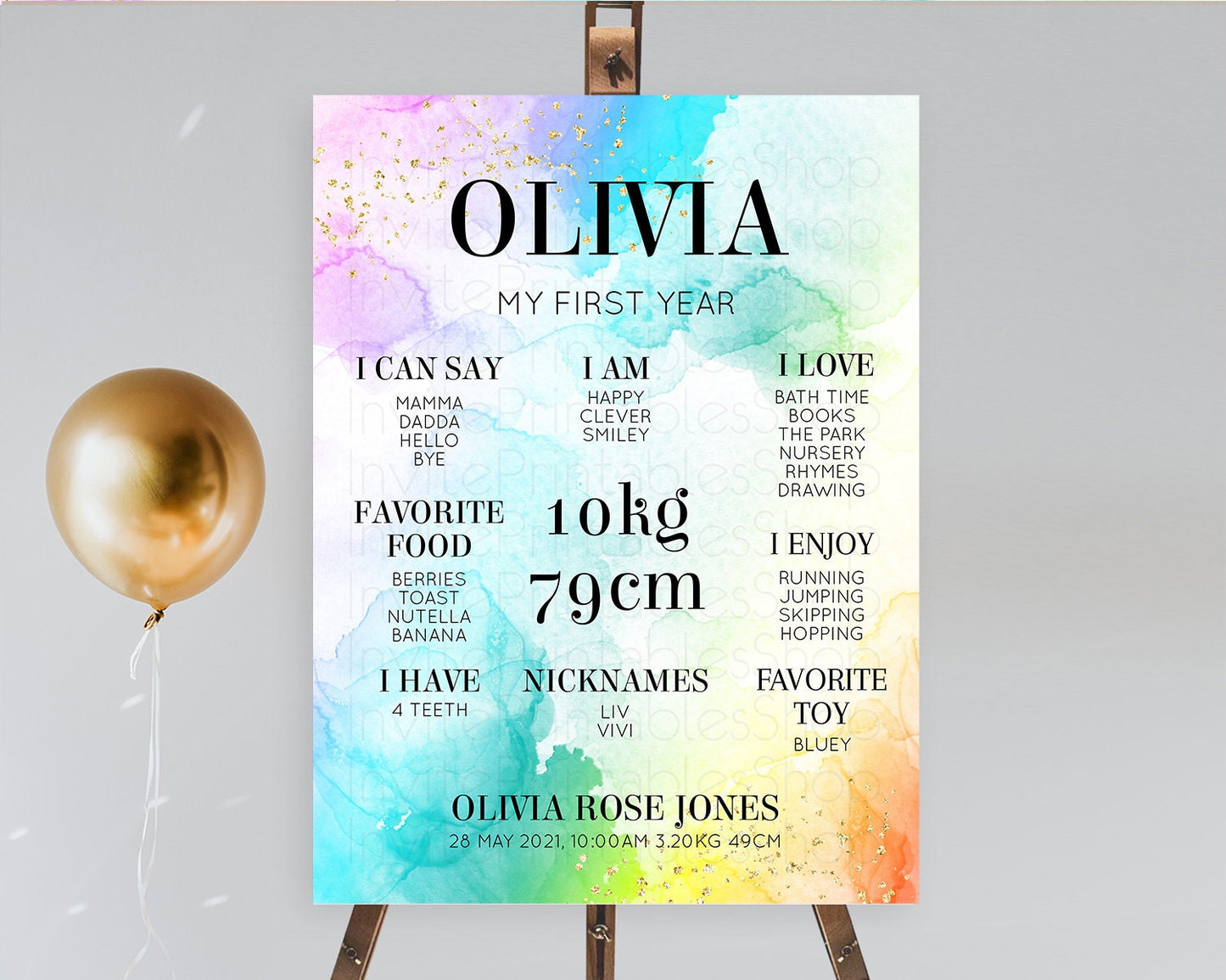 Pastel First Birthday Milestone Board Pastel Rainbow Milestone Poster Colorful Confetti Watercolor Glitter 1st Birthday Welcome Sign D10961