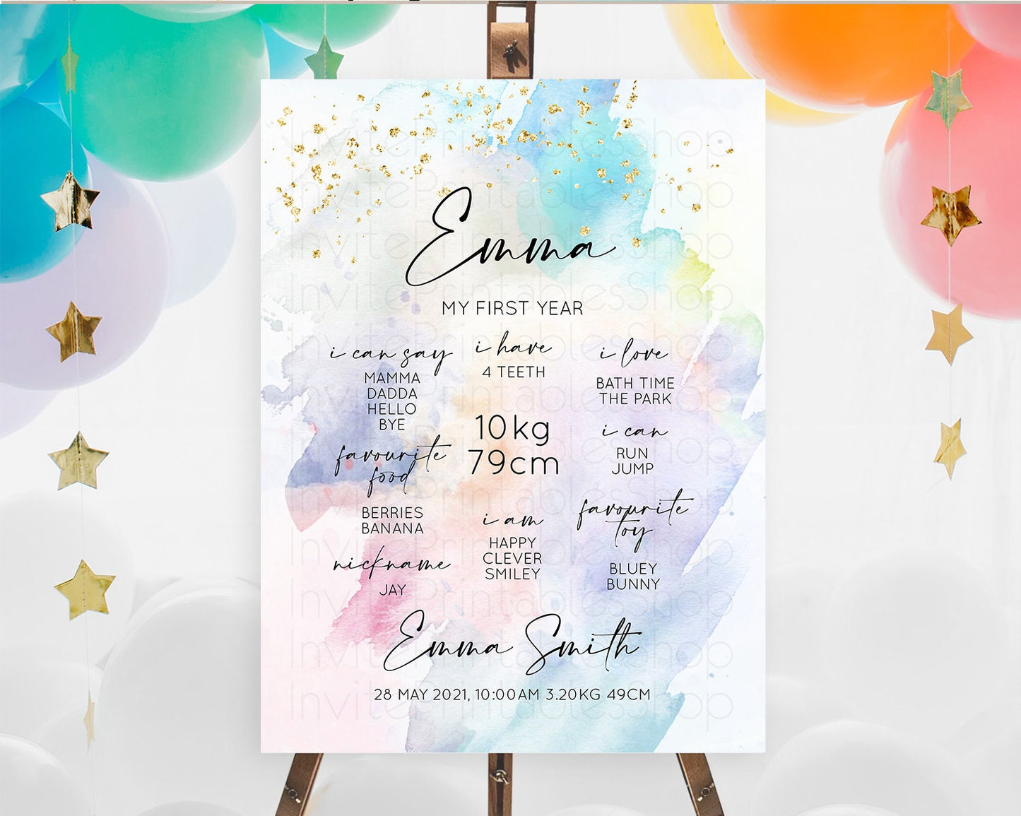 Pastel First Birthday Milestone Board Pastel Rainbow Milestone Poster Colorful Confetti Watercolor Glitter 1st Birthday Welcome Sign D10420