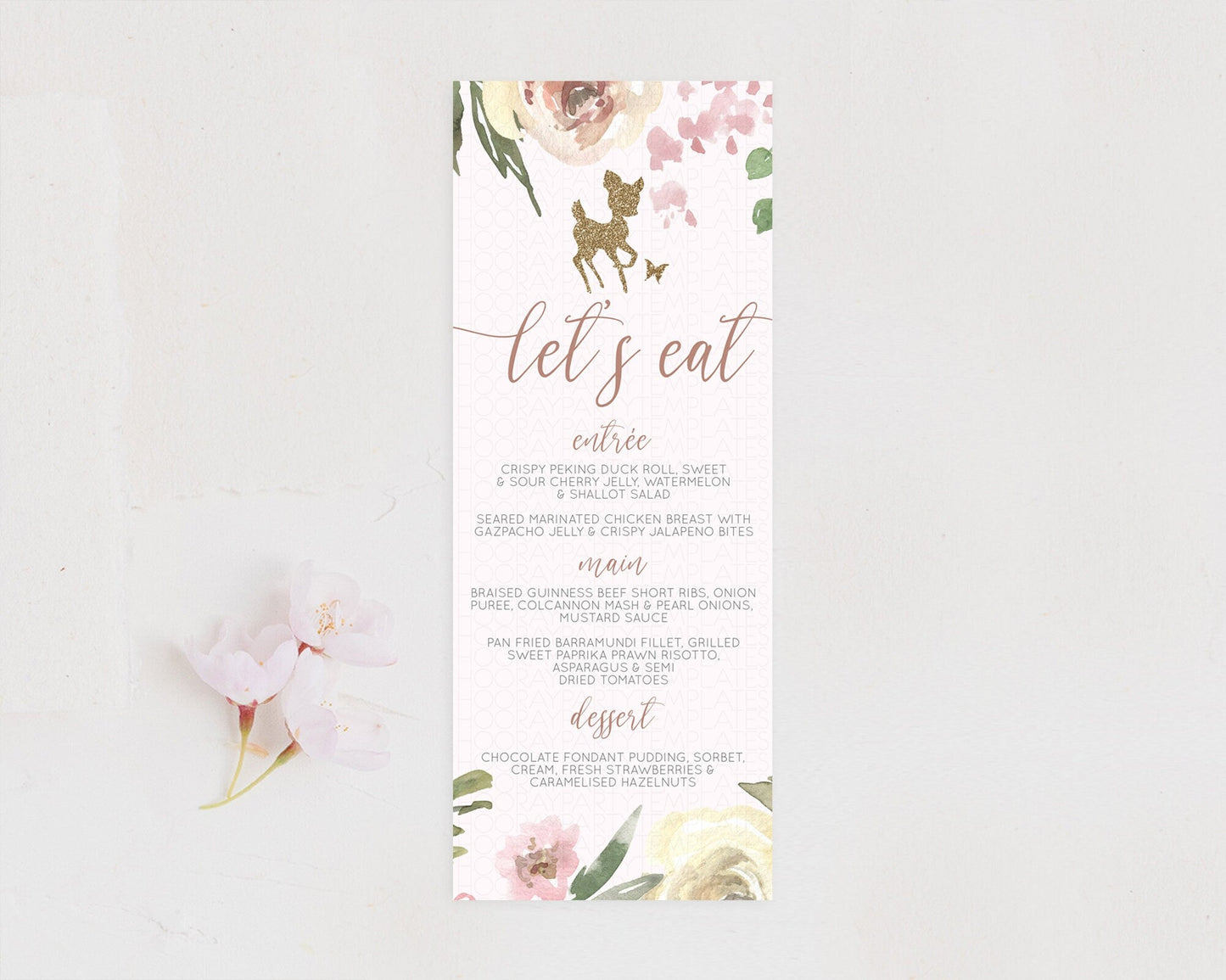 Fawn Menu Deer Menu Template Pastel Floral Deer Table Decor Enchanted Forest Butterfly Floral Dinner Dessert Menu Party Food Menu D10193