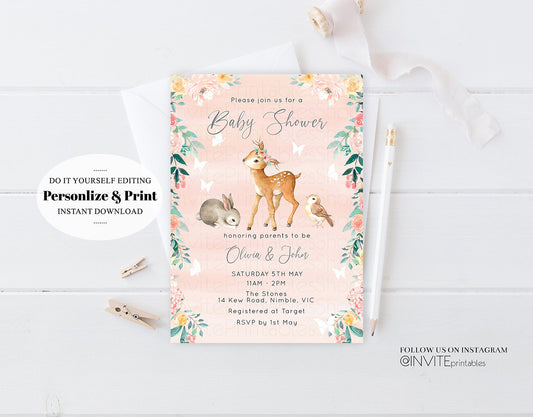 Deer Baby Shower Invite Forest Fawn Baby Shower Invite Deer Invite Bambi Invite Pastel Floral Invite Enchanted Forest Invite