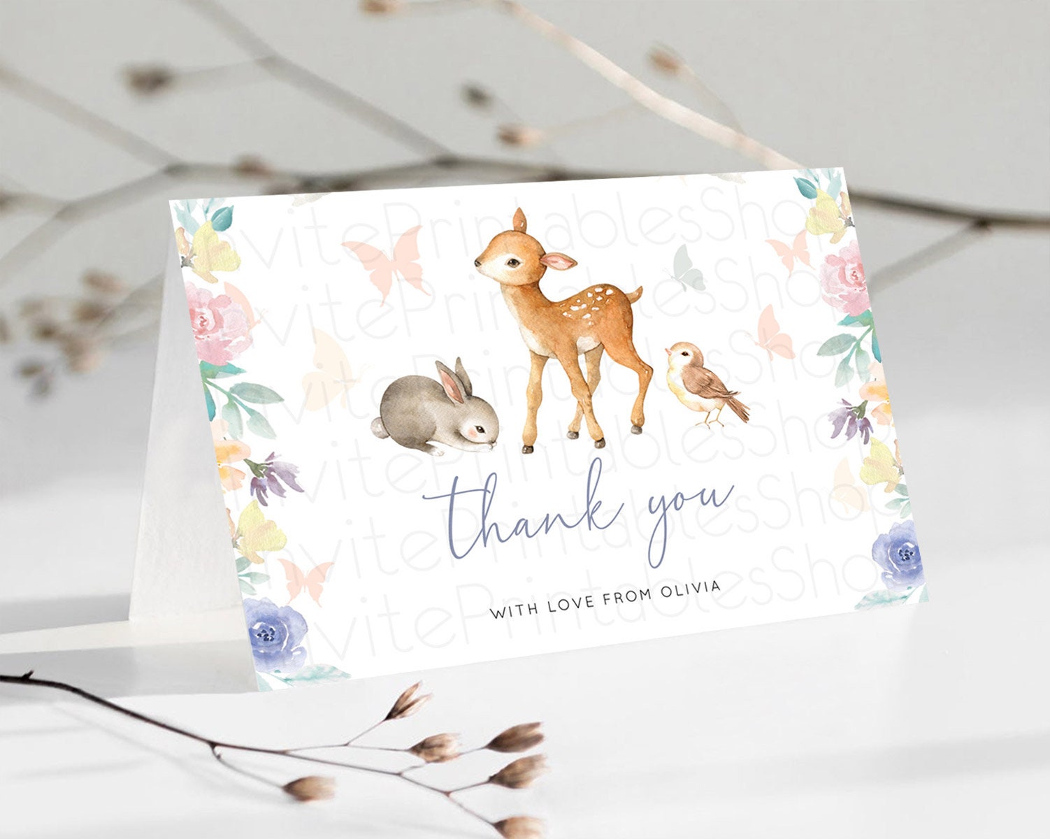 Editable Fawn Thank You Deer Thank You Card Pastel Floral Deer Birthday Than
