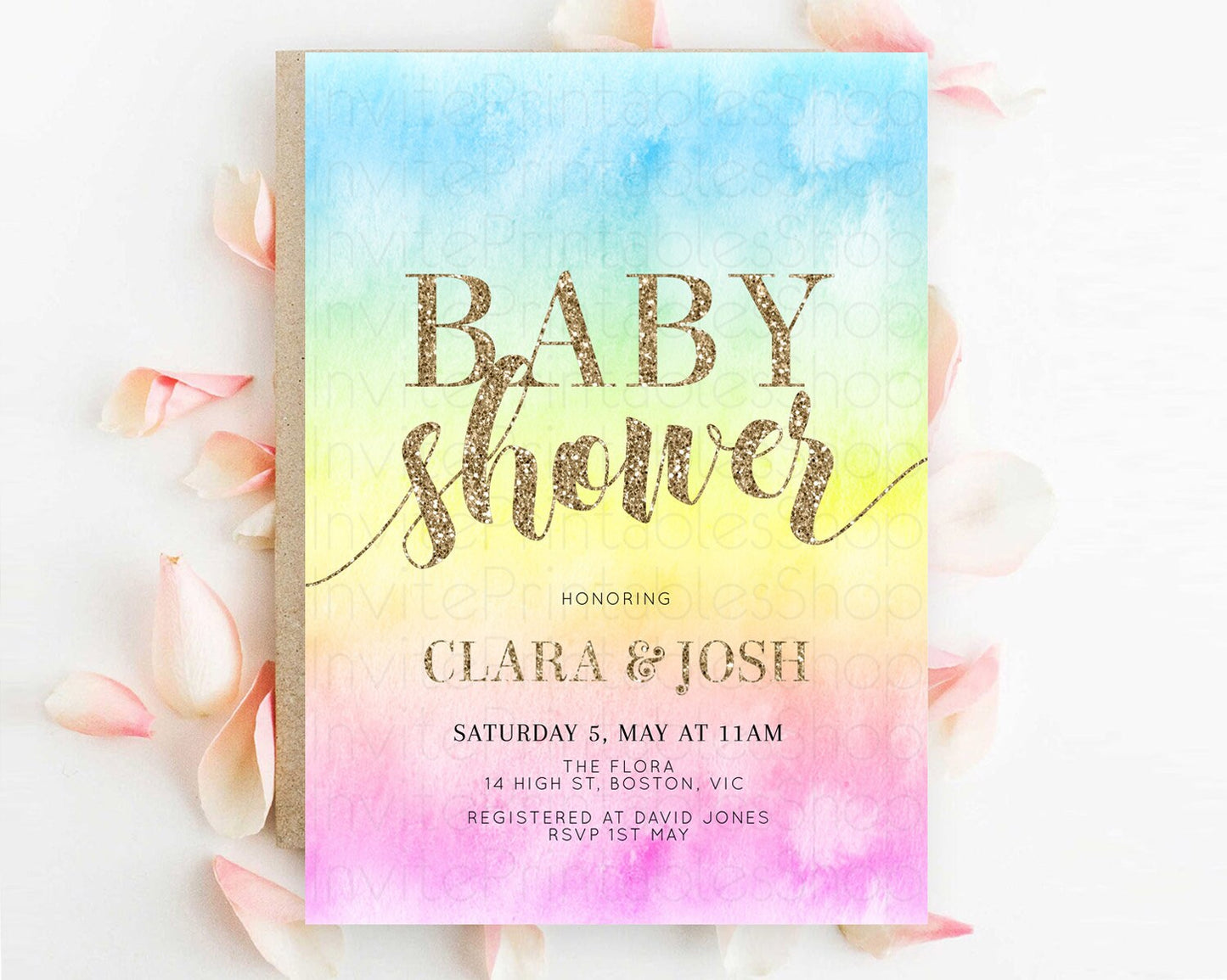 Pastel Baby Shower Invitation Rainbow Baby Shower Invitation Colorful Pastel Watercolor Invitation Gold Glitter Sprinkles Ombre D10479