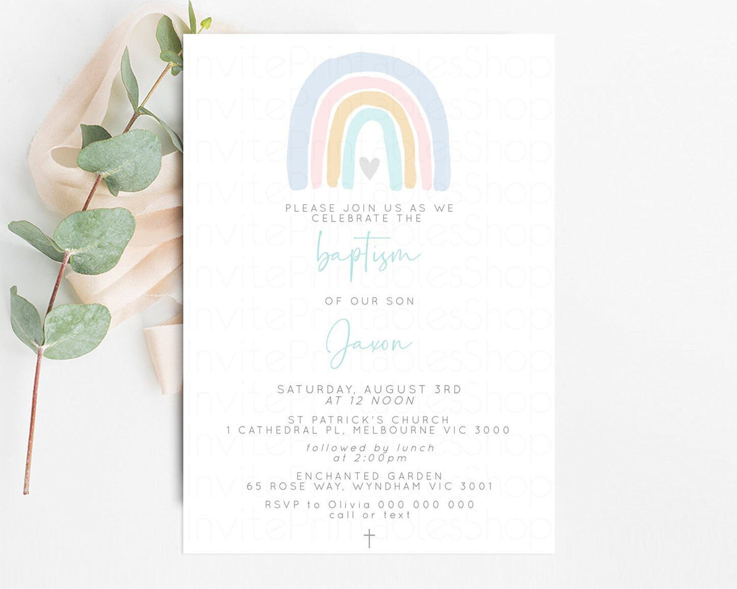 Rainbow Baptism Invitation Pastel Rainbow Christening Invitation Watercolor Boho Rainbow Invite Pastel Colors Rainbow Heart Invite Cross 19