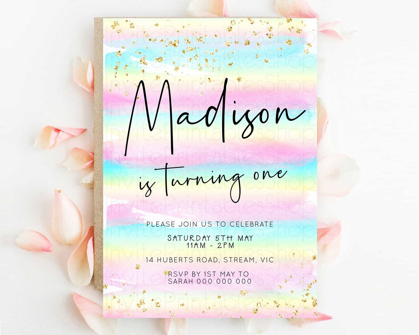 Pastel Birthday Invitation Ombre Watercolor Birthday Invitation Glitter Rainbow Color Splash 1st 2nd 3rd Birthday Invitation D23034