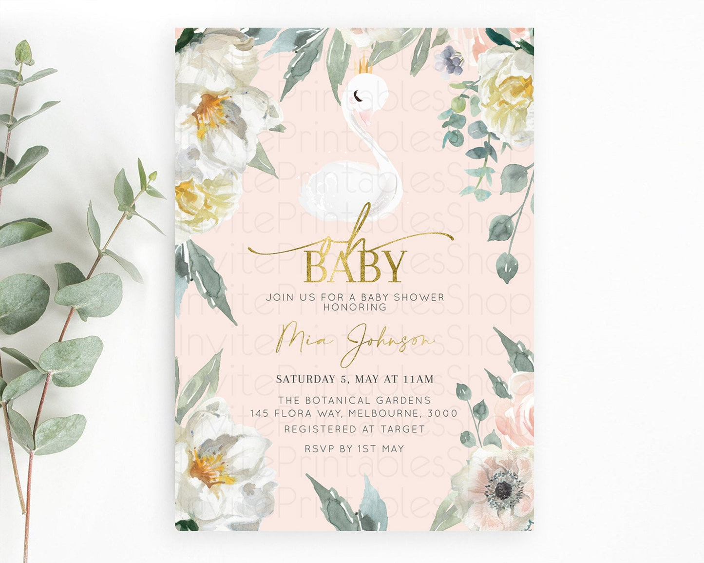 Swan Baby Shower Invitation Swan Princess Ballet Invitation Enchanted Forest Swan Lake Baby Shower Watercolour Pastel Floral D10115