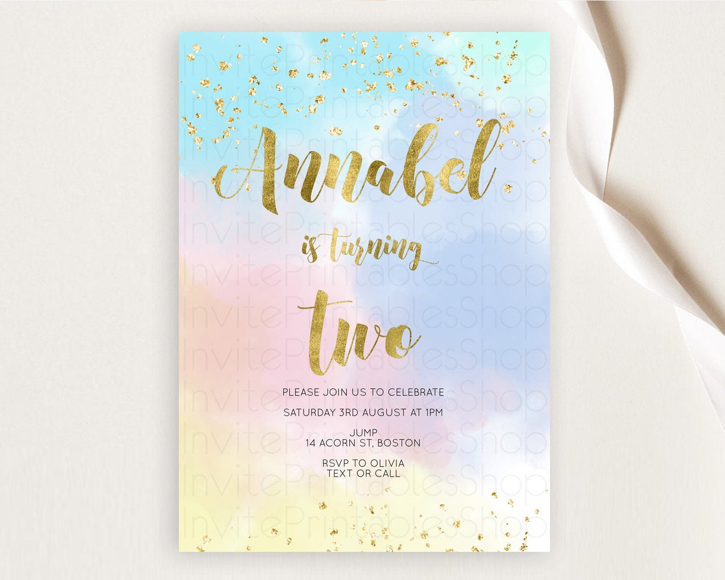 Rainbow Birthday Invitation Colorful Pastel Watercolor Invitation Gold Glitter Sprinkles Ombre Pastel 1st 2nd 3rd Birthday D10892