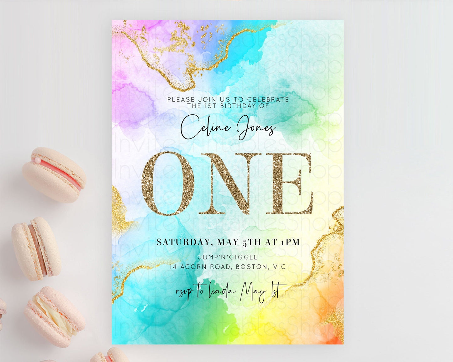 Editable Rainbow Birthday Invitation Colorful Pastel Watercolor Invitation G