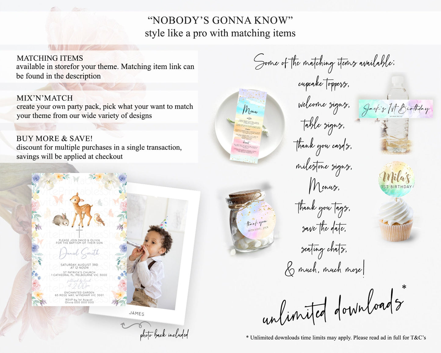 Fawn Baptism Invitation Deer Baptism 1st Birthday Invitation Enchanted Forest Christening Invitation Pastel Garden Butterfly Floral D10930