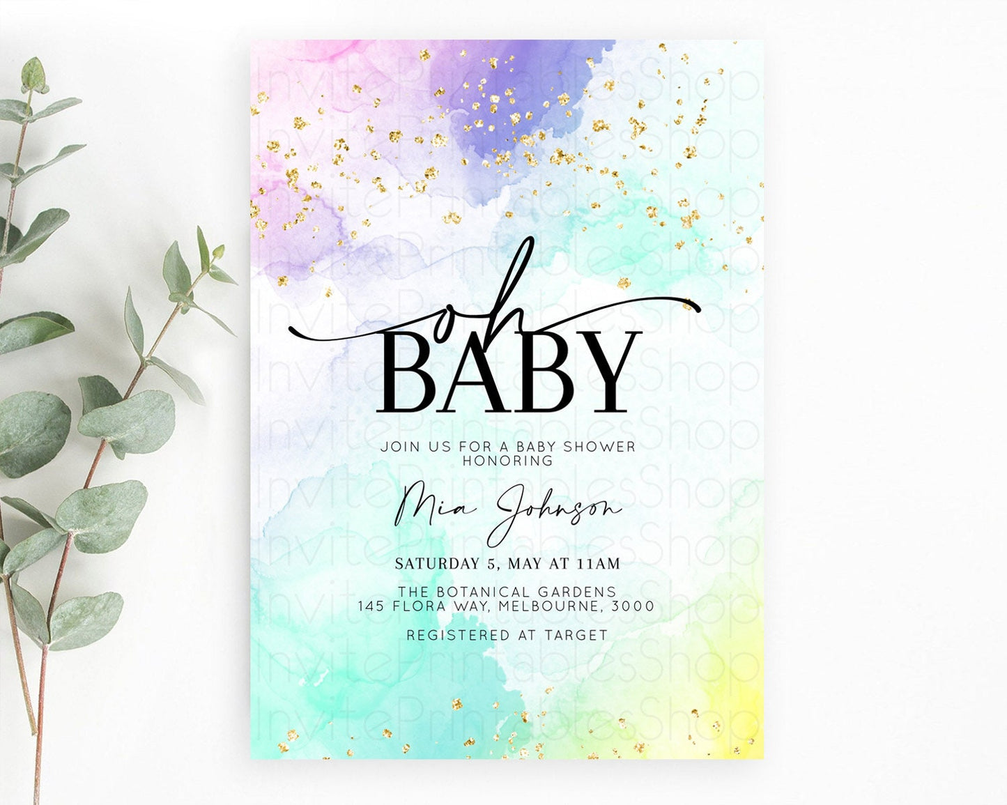 Pastel Baby Shower Invitation Rainbow Baby Shower Invitation Colorful Pastel Watercolor Invitation Gold Glitter Sprinkles Ombre D10157