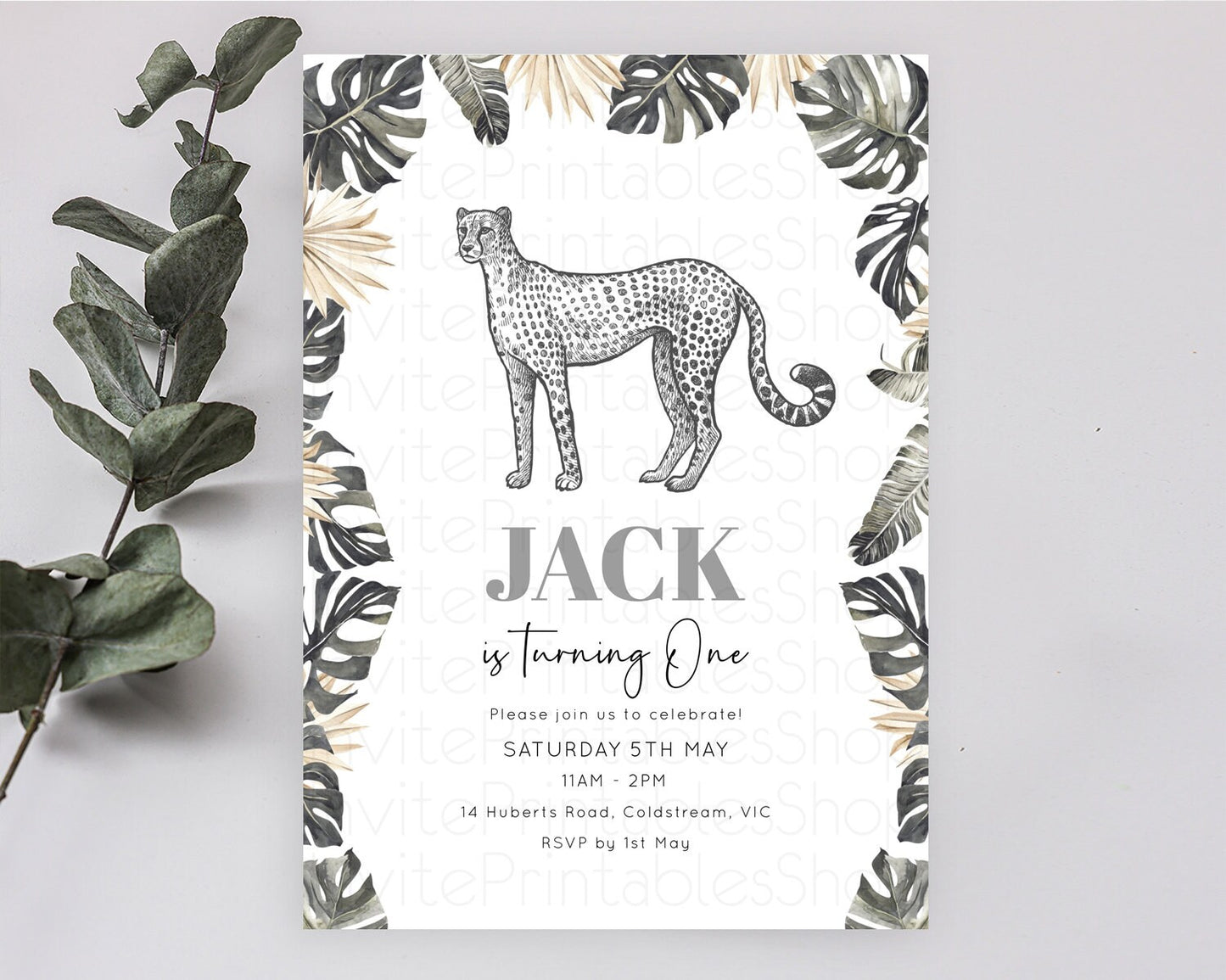 Cheetah Birthday Invitation Cheetah Invitation Cheetah Birthday Cheetah Safari Adventure Invite Cheetah Palm Leaf Invite Zoo Party D10823