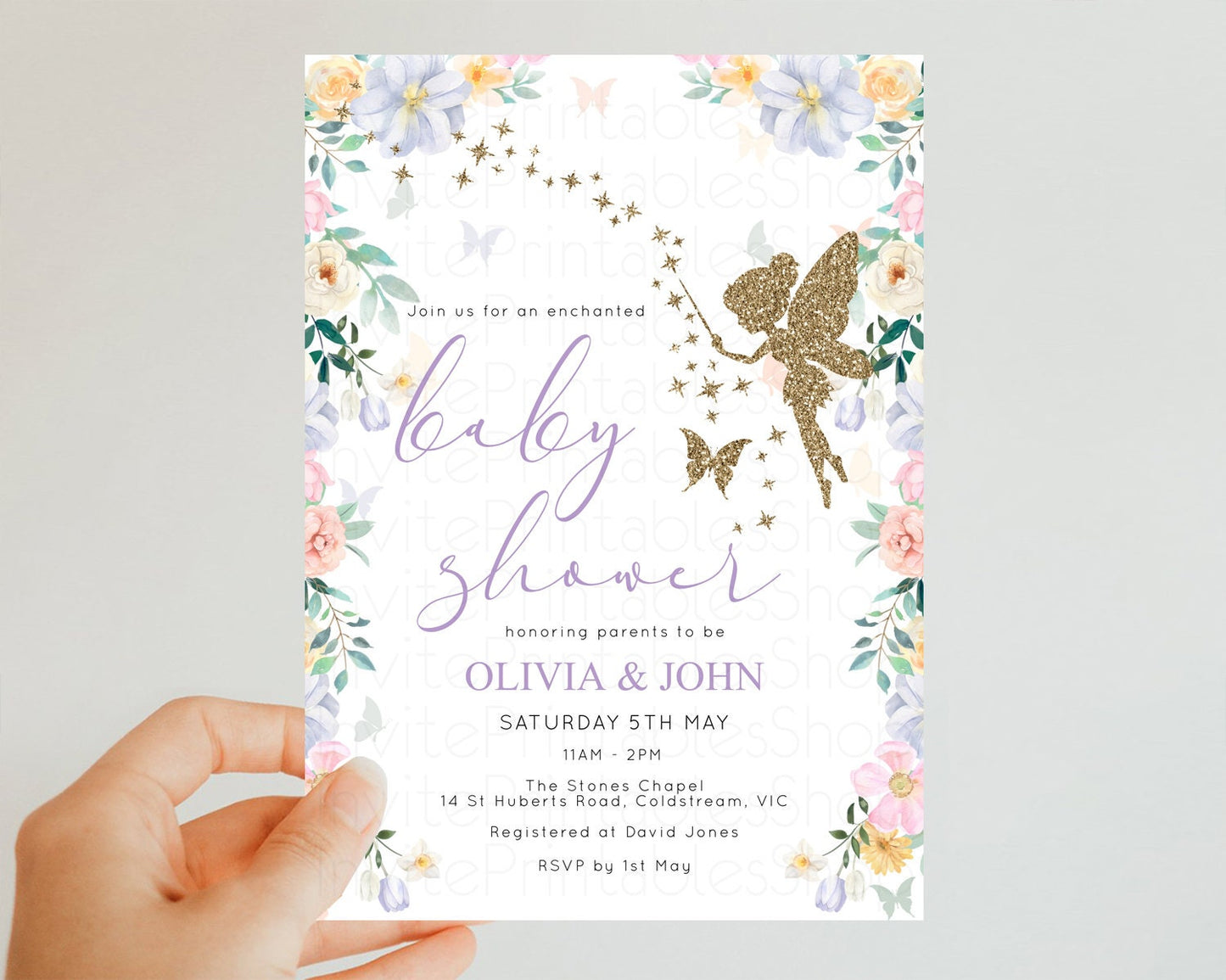 Fairy Baby Shower Invitation Fairy Garden Baby Shower Invitation Enchanted Garden Baby Shower Secret Garden Glitter Pastel Color Floral F513