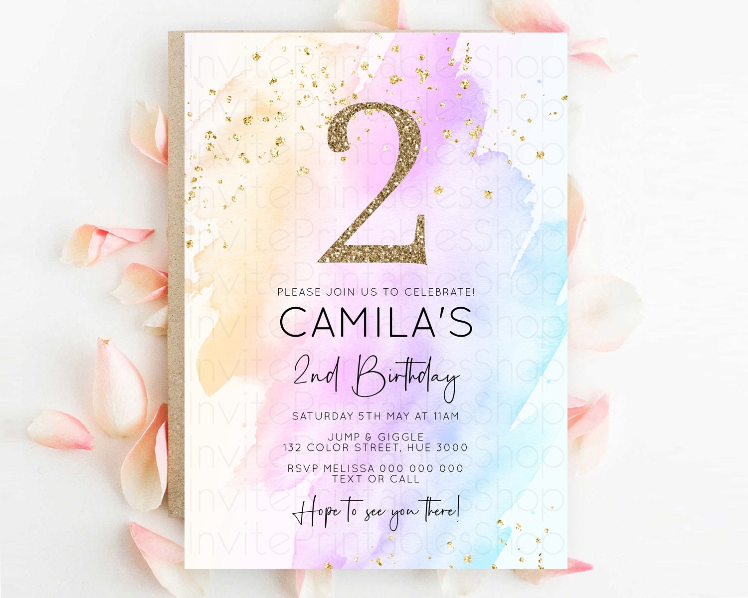Editable Rainbow Birthday Invitation Colorful Pastel Watercolor Invitation G