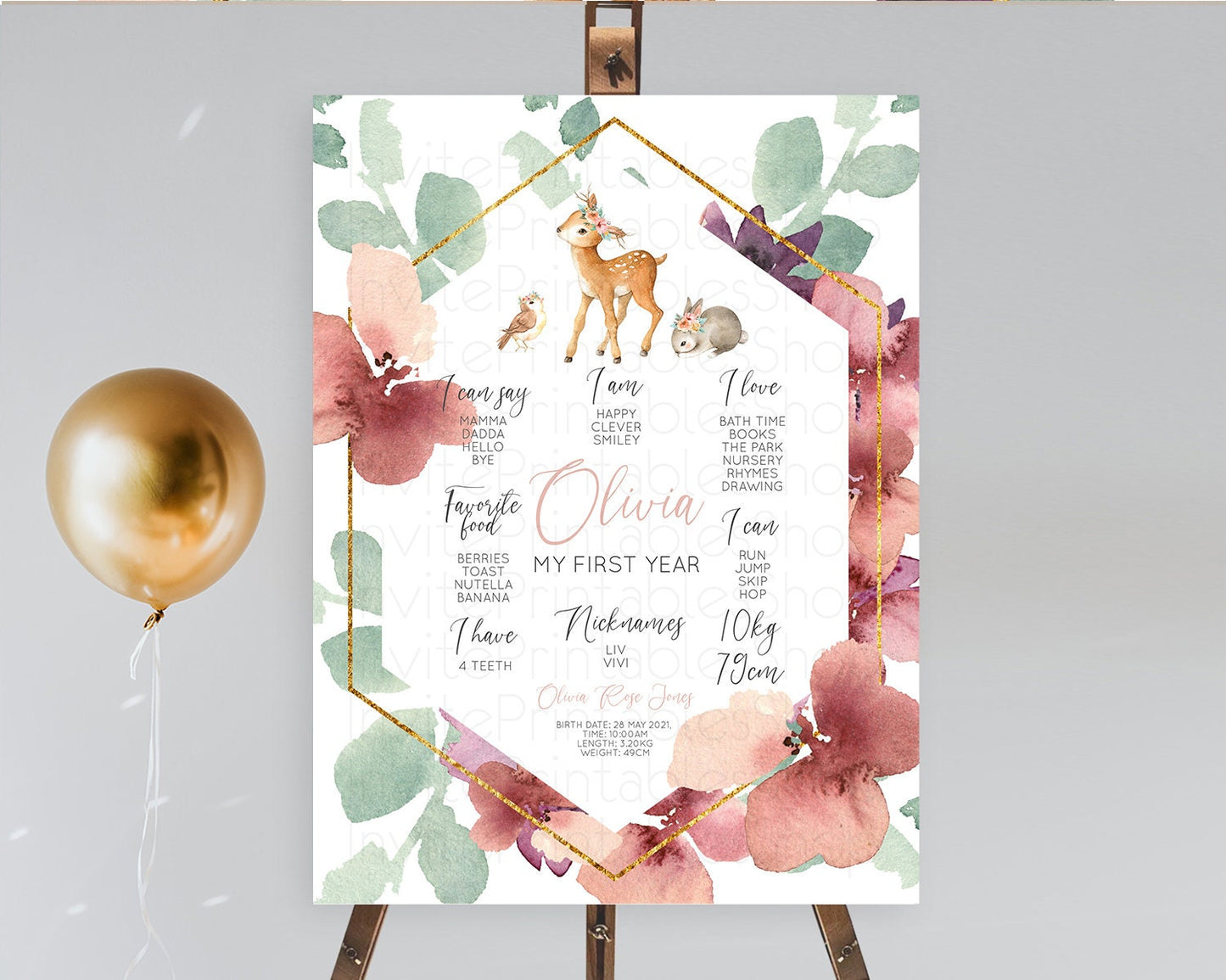 Fawn First Birthday Milestone Board Deer First Birthday Milestone Poster Enchanted Forest Butterfly Pastel Flowers 1st Birthday Sign D10913