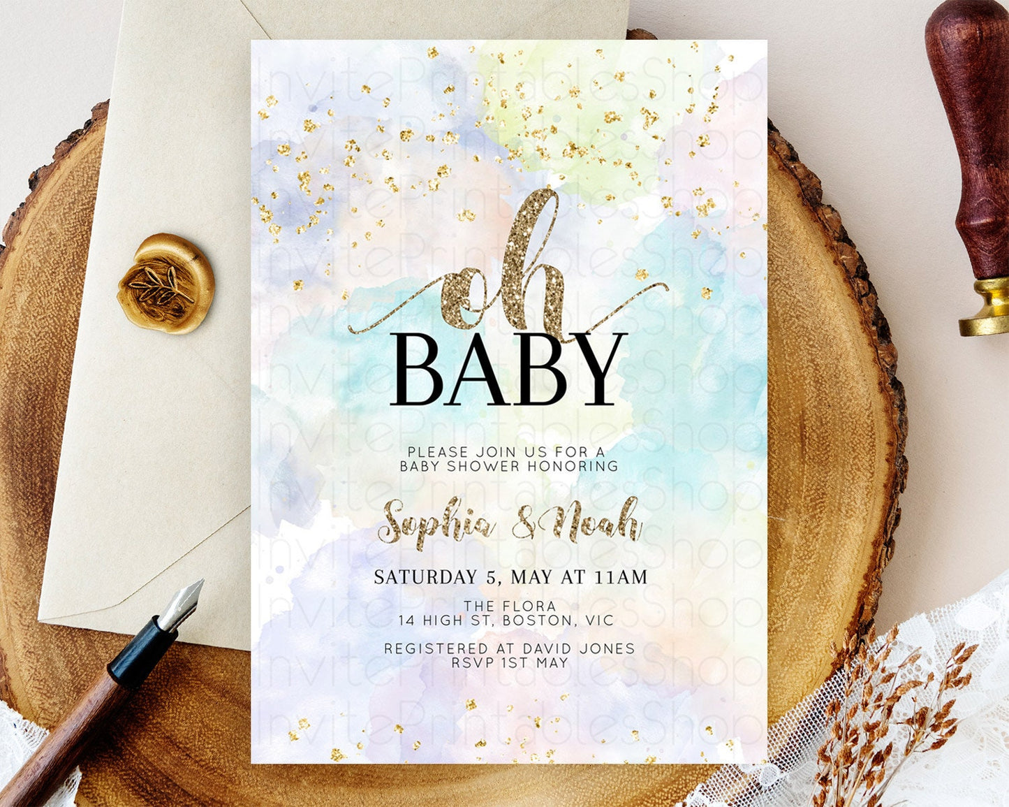 Pastel Baby Shower Invitation Rainbow Baby Shower Invitation Colorful Pastel Watercolor Invitation Gold Glitter Sprinkles Ombre D10614