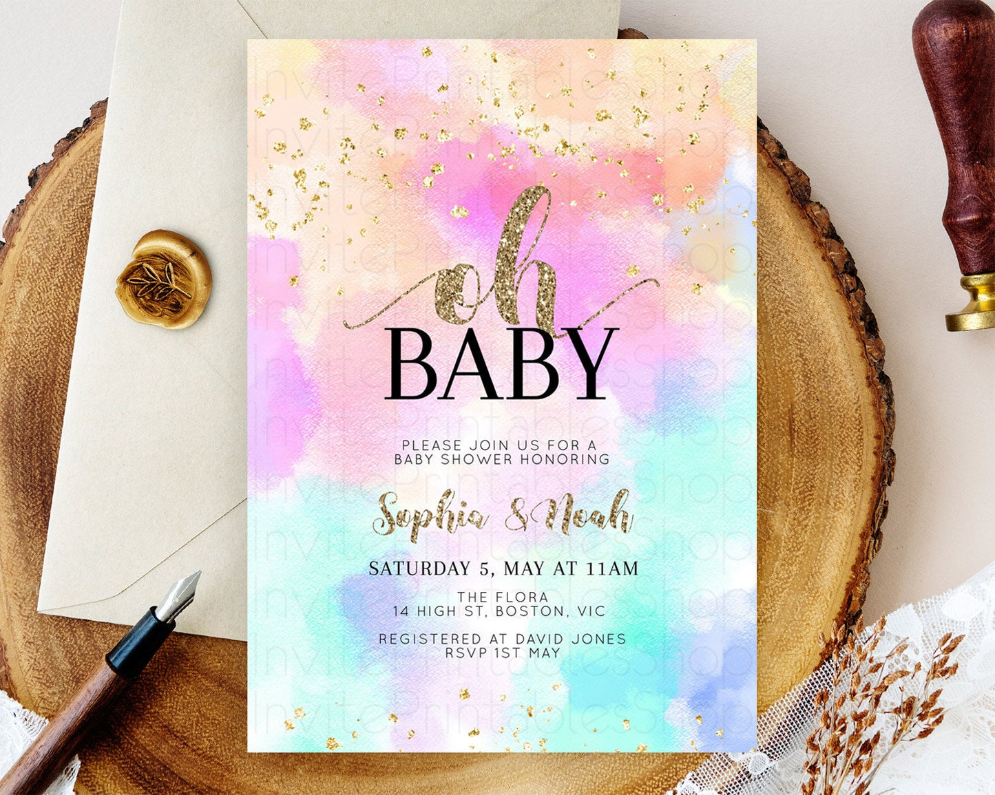 Pastel Baby Shower Invitation Rainbow Baby Shower Invitation Colorful Pastel Watercolor Invitation Gold Glitter Sprinkles Ombre D10669