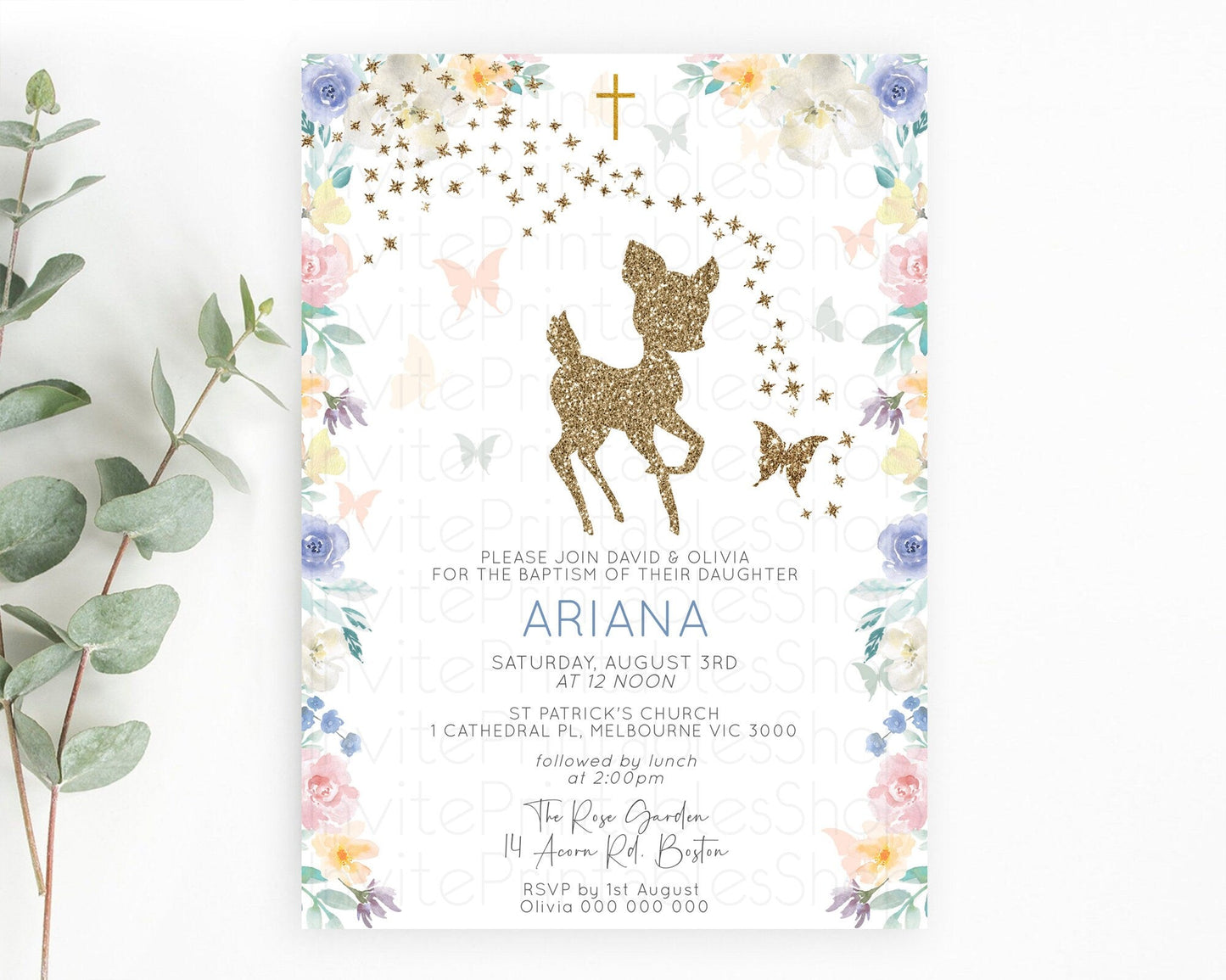 Fawn Baptism Invitation Deer Baptism 1st Birthday Invitation Enchanted Forest Christening Invitation Pastel Garden Butterfly Floral D10878