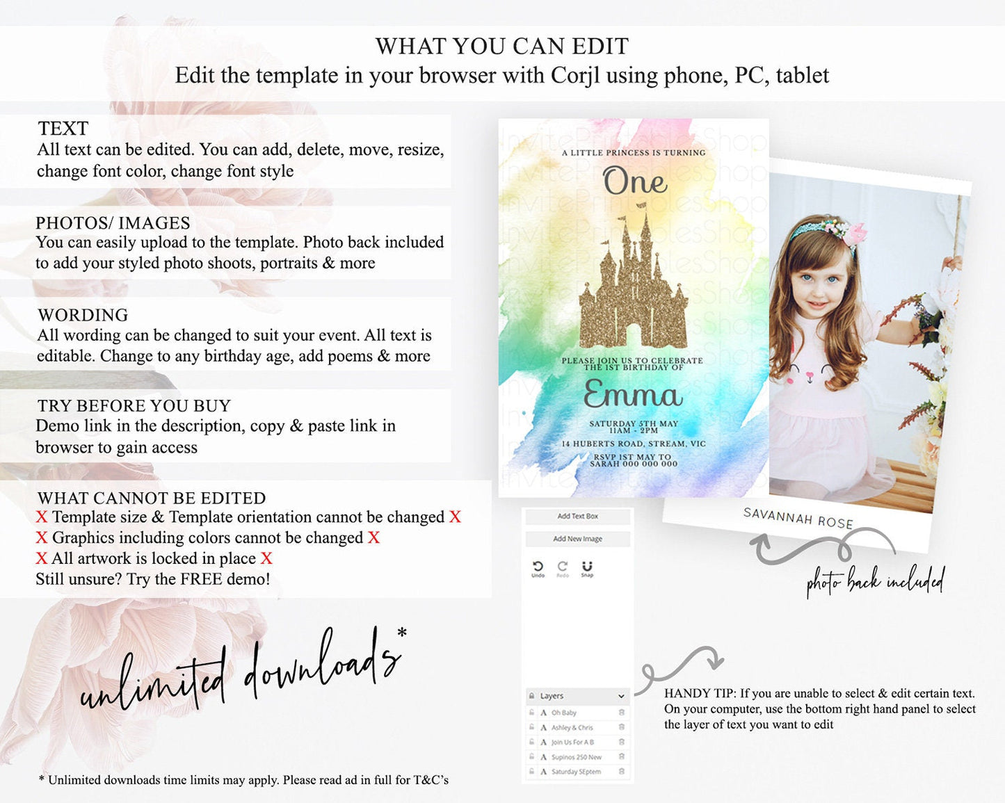 Princess Birthday Invitation Princess Invitation Pastel Invitation Royal Birthday Rainbow Color Enchanted Castle 1st First Birthday D10833