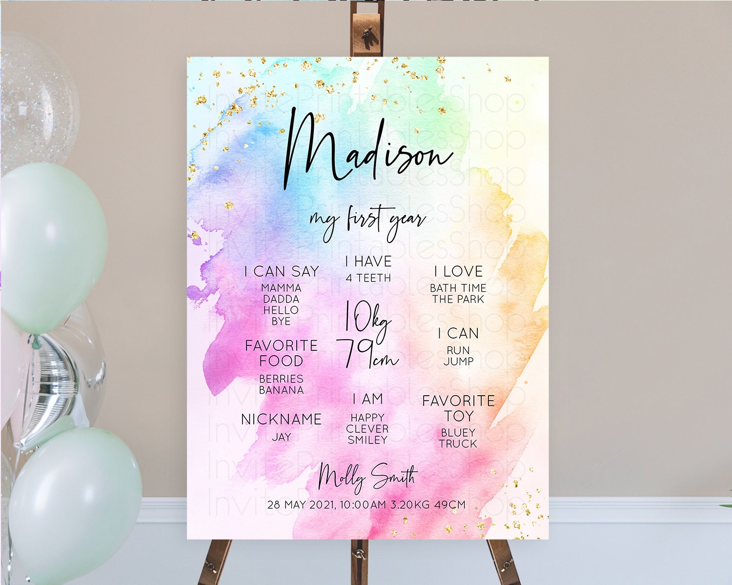 Editable Pastel First Birthday Milestone Board Pastel Rainbow Milestone Post