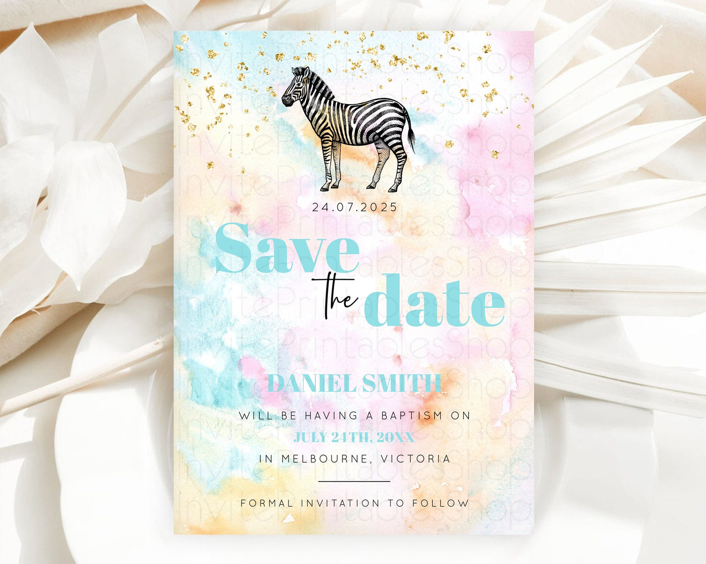 Pastel Zebra Save The Date Template Rainbow Watercolor Zebra Party Save The Date Colorful Zebra Theme Birthday Baptism Baby Shower D10281