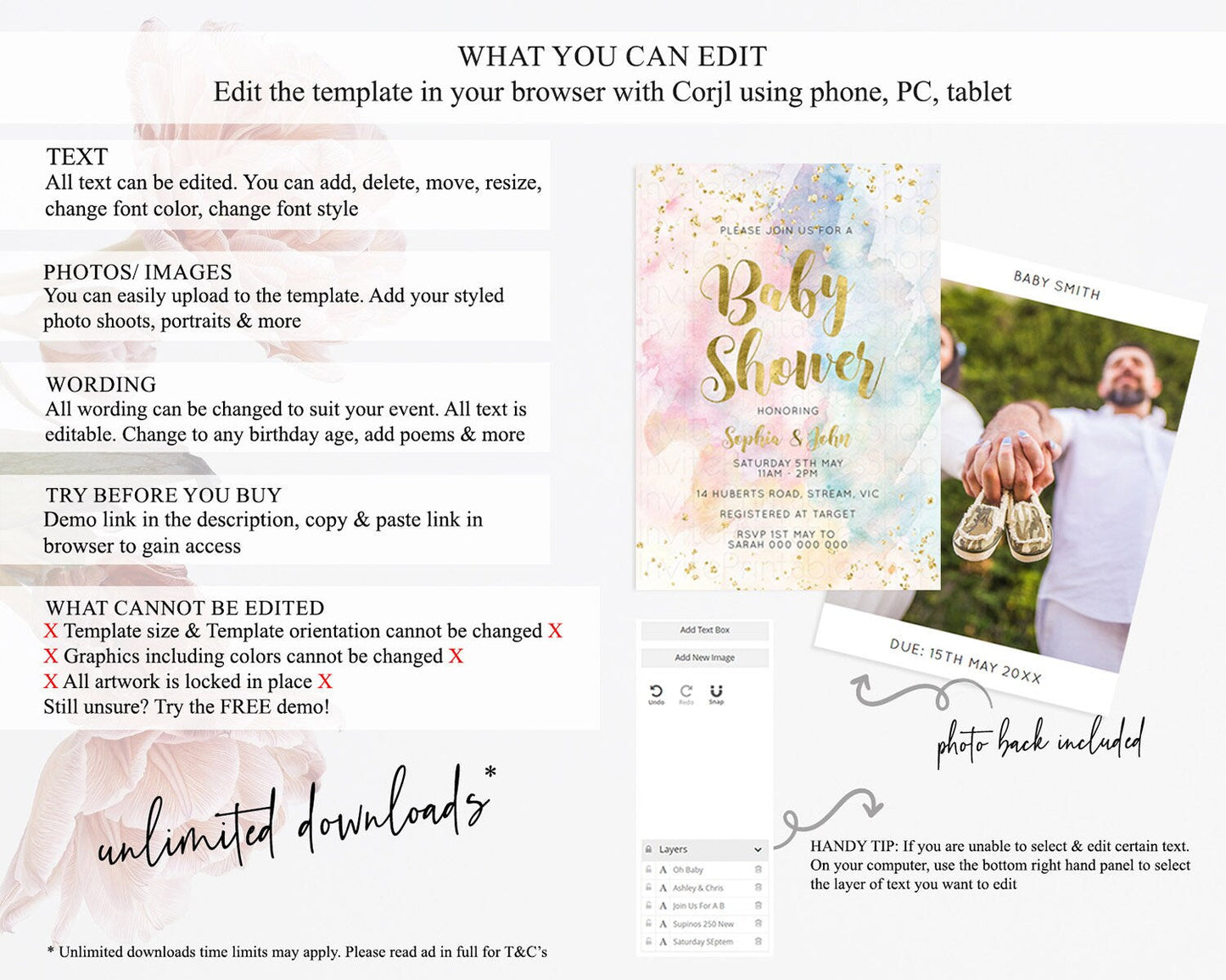Pastel Rainbow Baby Shower Invitation, Colorful Watercolor with Gold Glitter Sprinkles, Rainbow Ombre Splash - Pink, Blue, Yellow D10265