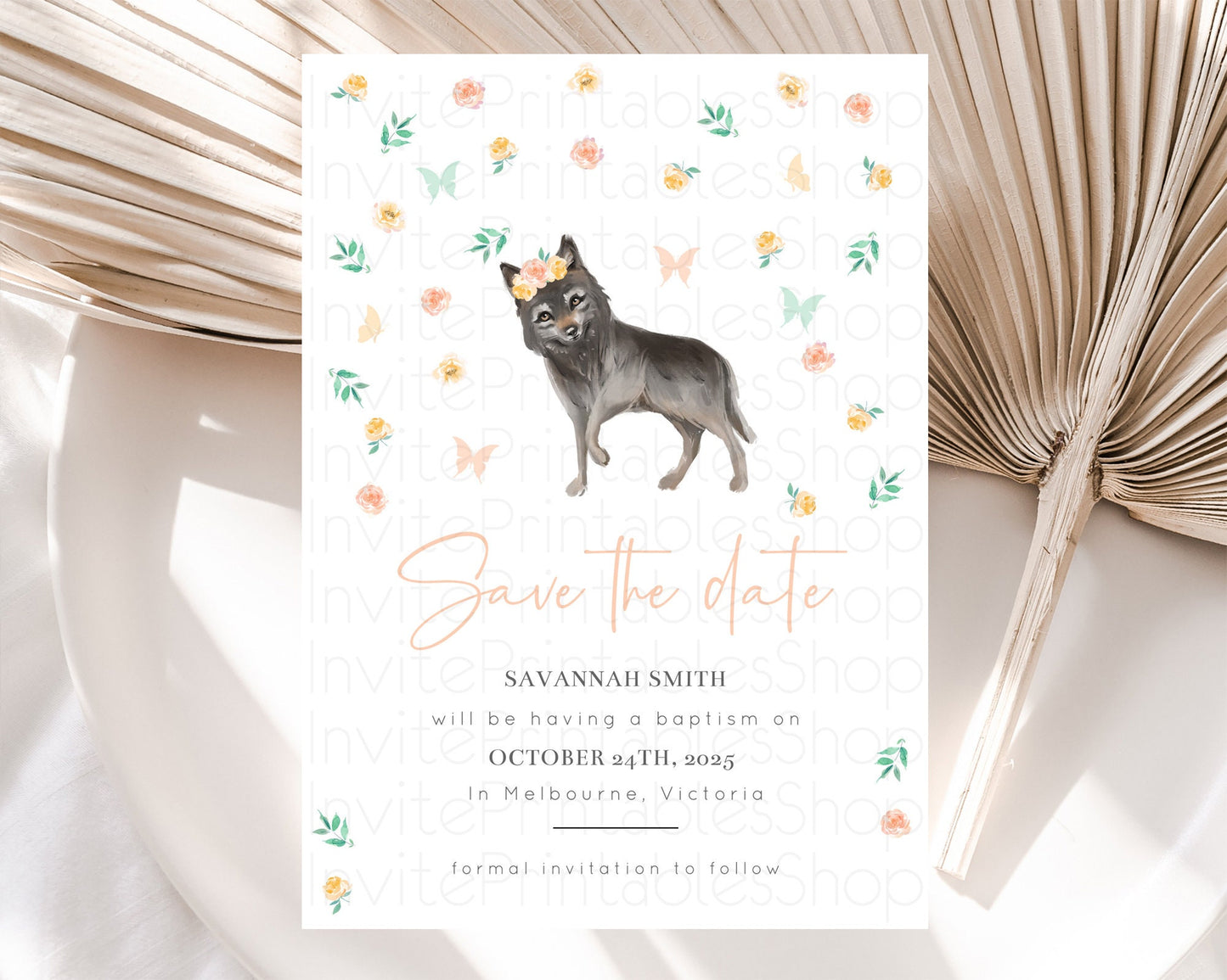 Wolf Save The Date Template Pastel Floral Wolf Party Forest Adventure Wilderness Theme 1st Birthday Baptism Christening Baby Shower D10362