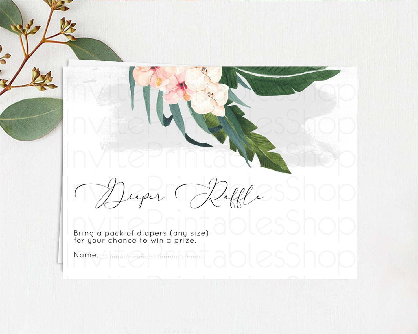 Tropical Diaper Raffle Card Tropical Diaper Raffle Insert Palm Leaf Diaper Ticket Fern Frangipani Floral White Orchid Raffle Game D11011