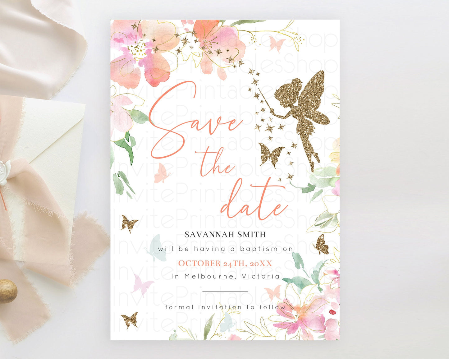 Fairy Save The Date Template Enchanted Garden Pastel Floral Butterfly Party Secret Garden Birthday Baptism Baby Shower Bridal Shower D10934