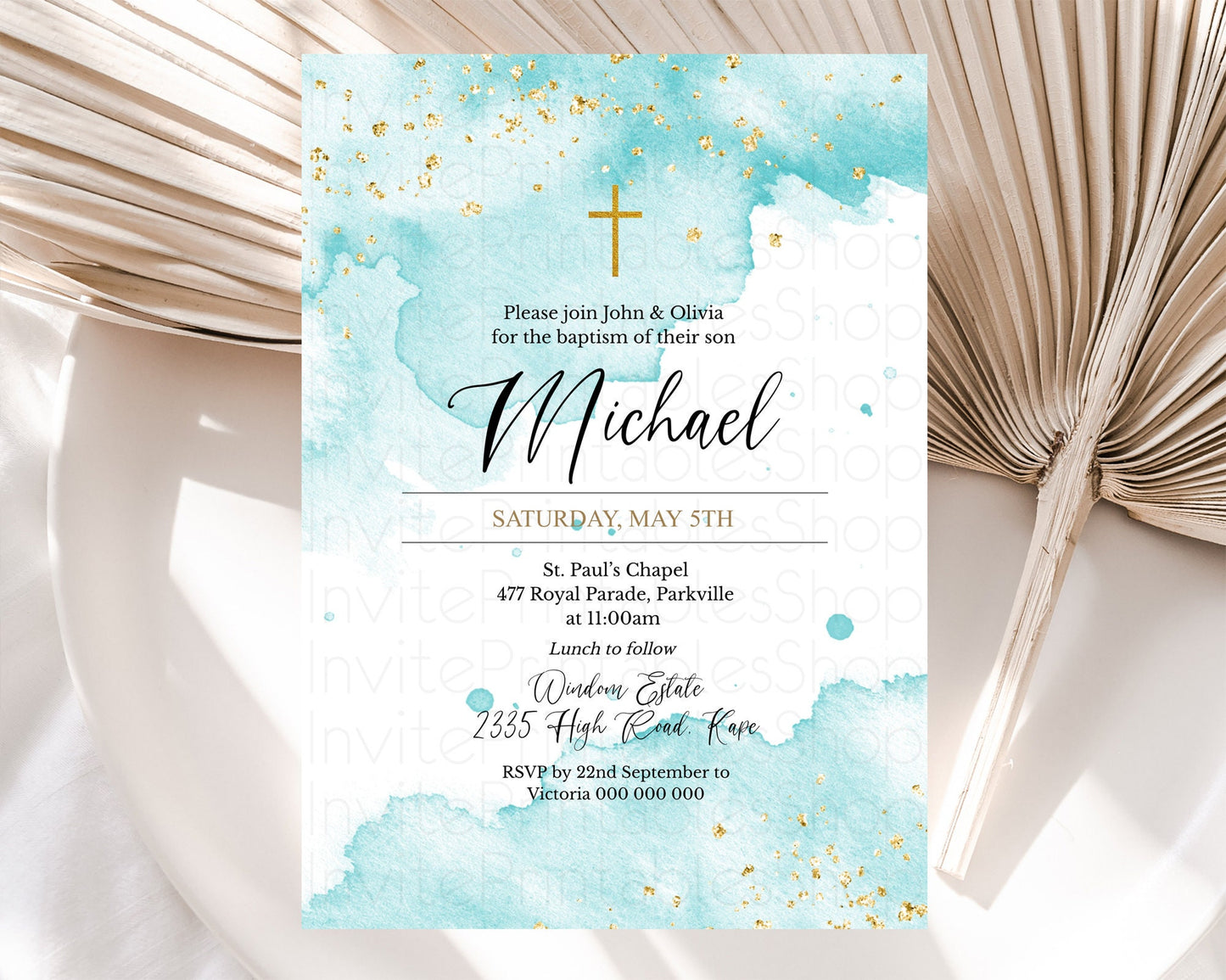 Blue Baptism Invitation Blue Watercolor Baptism 1st Birthday Invitation Pastel Blue Watercolor Christening Invite Blue Splash D10329