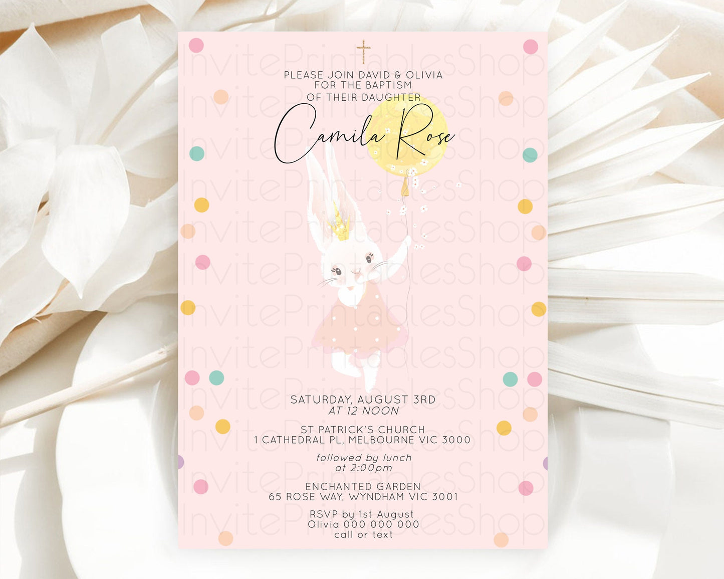 Bunny Baptism Invitation Pastel Bunny Baptism 1st Birthday Invitation Bunny Balloon Christening Invite Pastel Confetti Balloon Bunny D10219