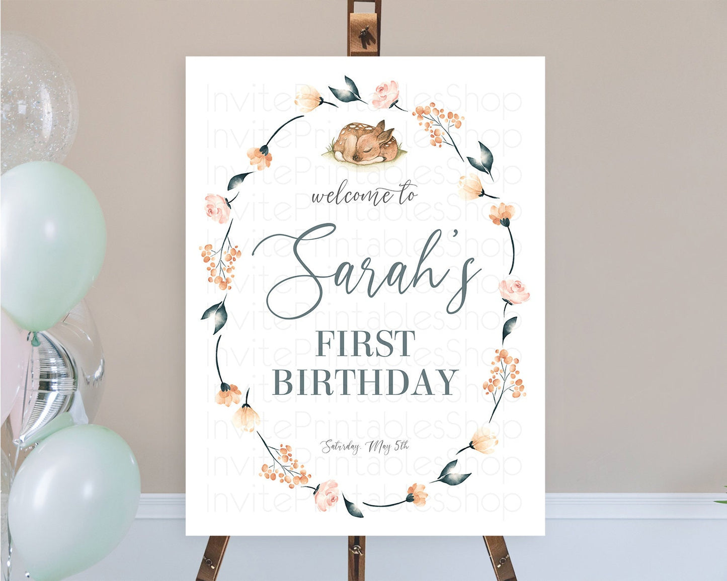Fawn Welcome Sign Deer Welcome Board Floral Deer Welcome Poster Enchanted Forest Butterfly Pastel Floral First Birthday Welcome Sign D10790