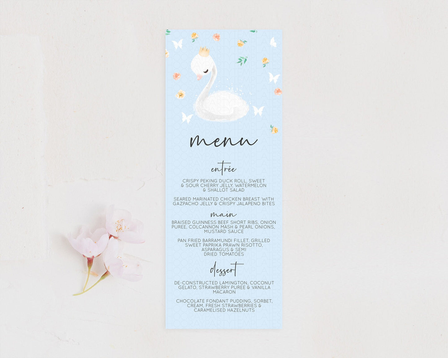 Swan Menu Swan Princess Ballet Menu Template Enchanted Swan Lake Table Decor Secret Garden Pastel Floral Dinner Dessert Food Menu  D10903