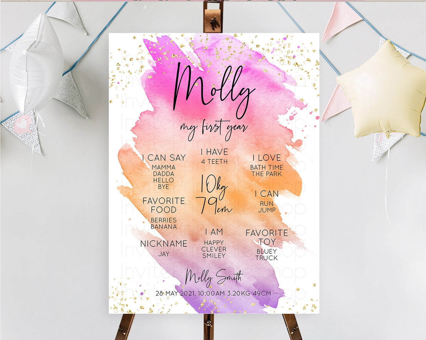 Pastel First Birthday Milestone Board Pastel Rainbow Milestone Poster Colorful Confetti Watercolor Glitter 1st Birthday Welcome Sign D10488