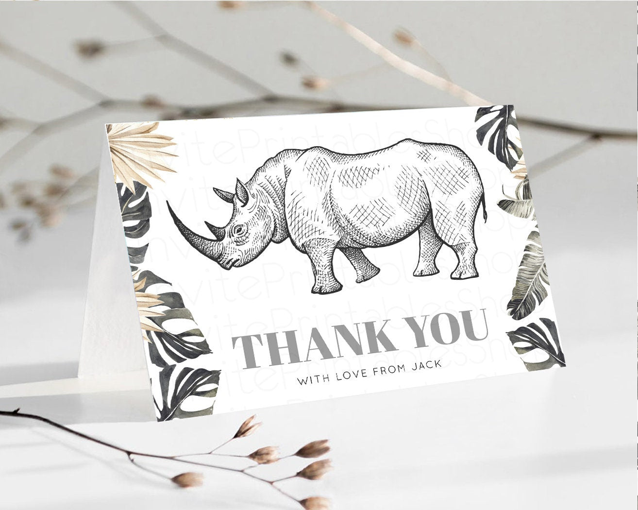 Rhinoceros Thank You Card Dried Palm Fern Wild One Safari Jungle Zoo Foldable Card Tent Flat Postcard Detail Insert Card Birthday p269