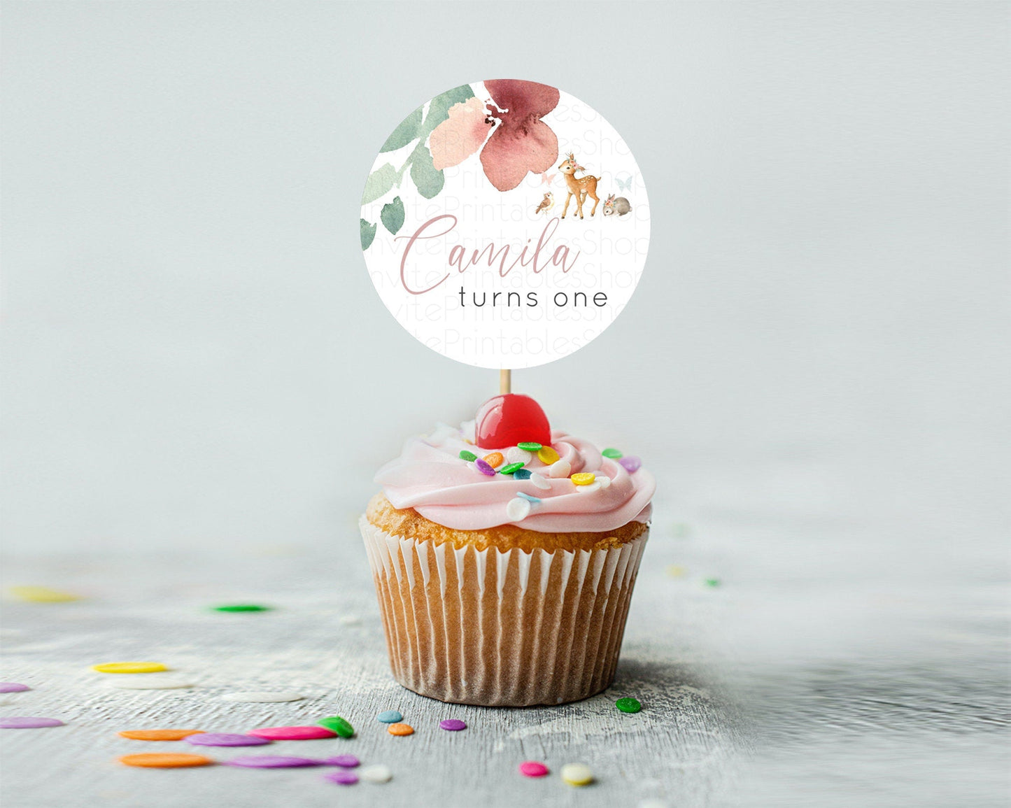 Fawn Cupcake Toppers Deer Cupcake Toppers Enchanted Forest Party Butterfly Pastel Flowers Woofland Cupcake Toppers First Birthday D10913