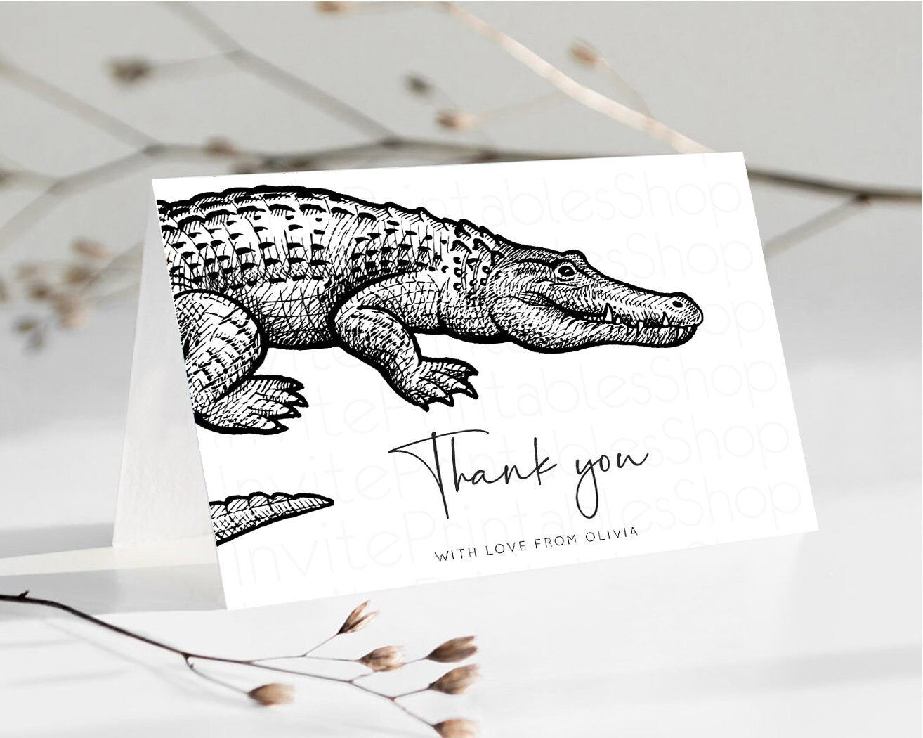 Editable Alligator Thank You Card Simple Crocodile Wild One Safari Jungle Zo