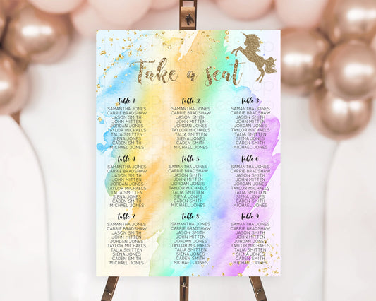 Unicorn Rainbow Seating Chart Pastel Unicorn Decor Magical Unicron Ombre Seating Chart Colorful Watercolor Glitter Sprinkle Décor D10428