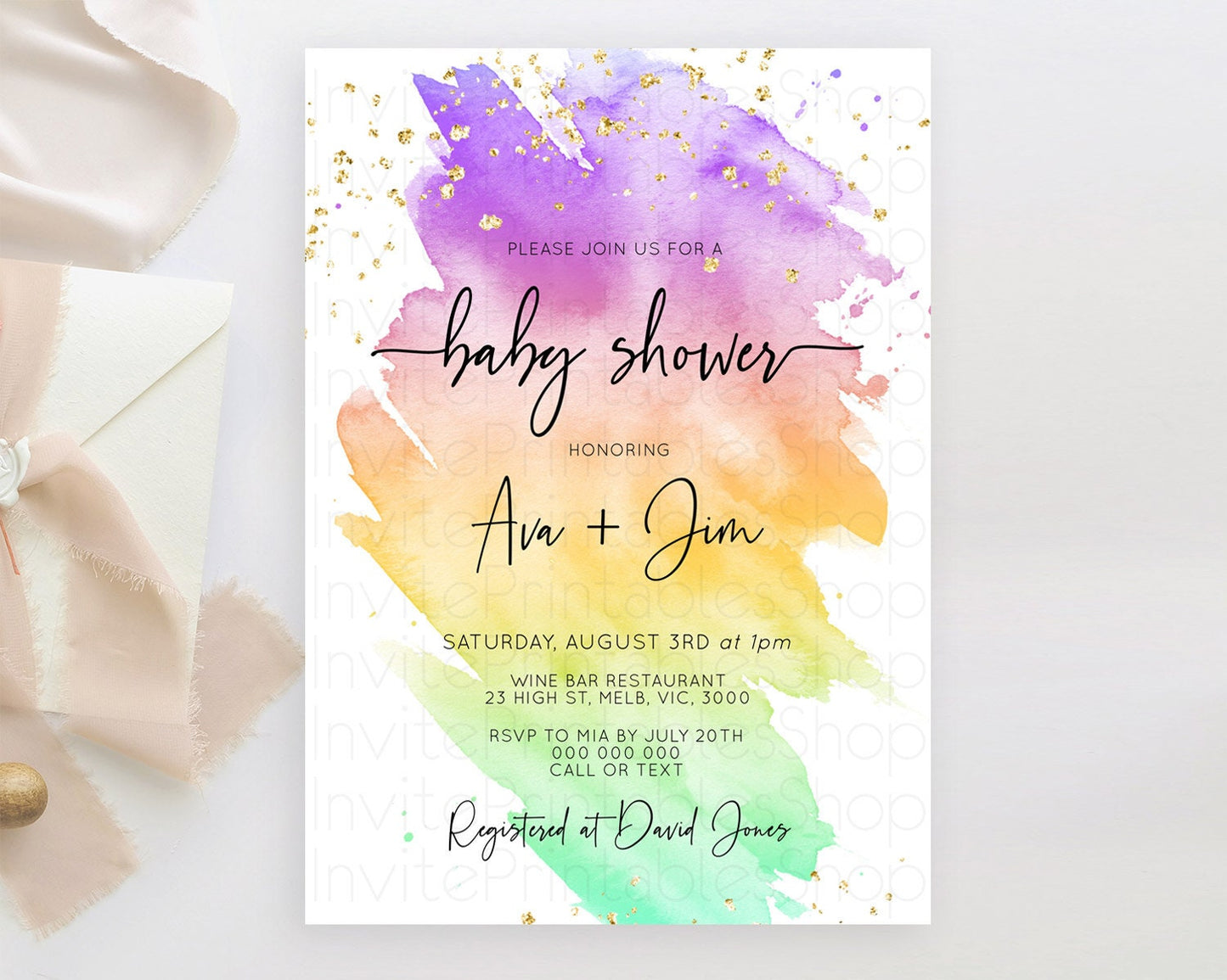 Pastel Baby Shower Invitation Rainbow Baby Shower Invitation Colorful Pastel Watercolor Invitation Gold Glitter Sprinkles Ombre D10518