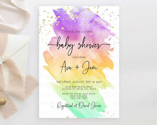 Pastel Baby Shower Invitation Rainbow Baby Shower Invitation Colorful Pastel Watercolor Invitation Gold Glitter Sprinkles Ombre D10518