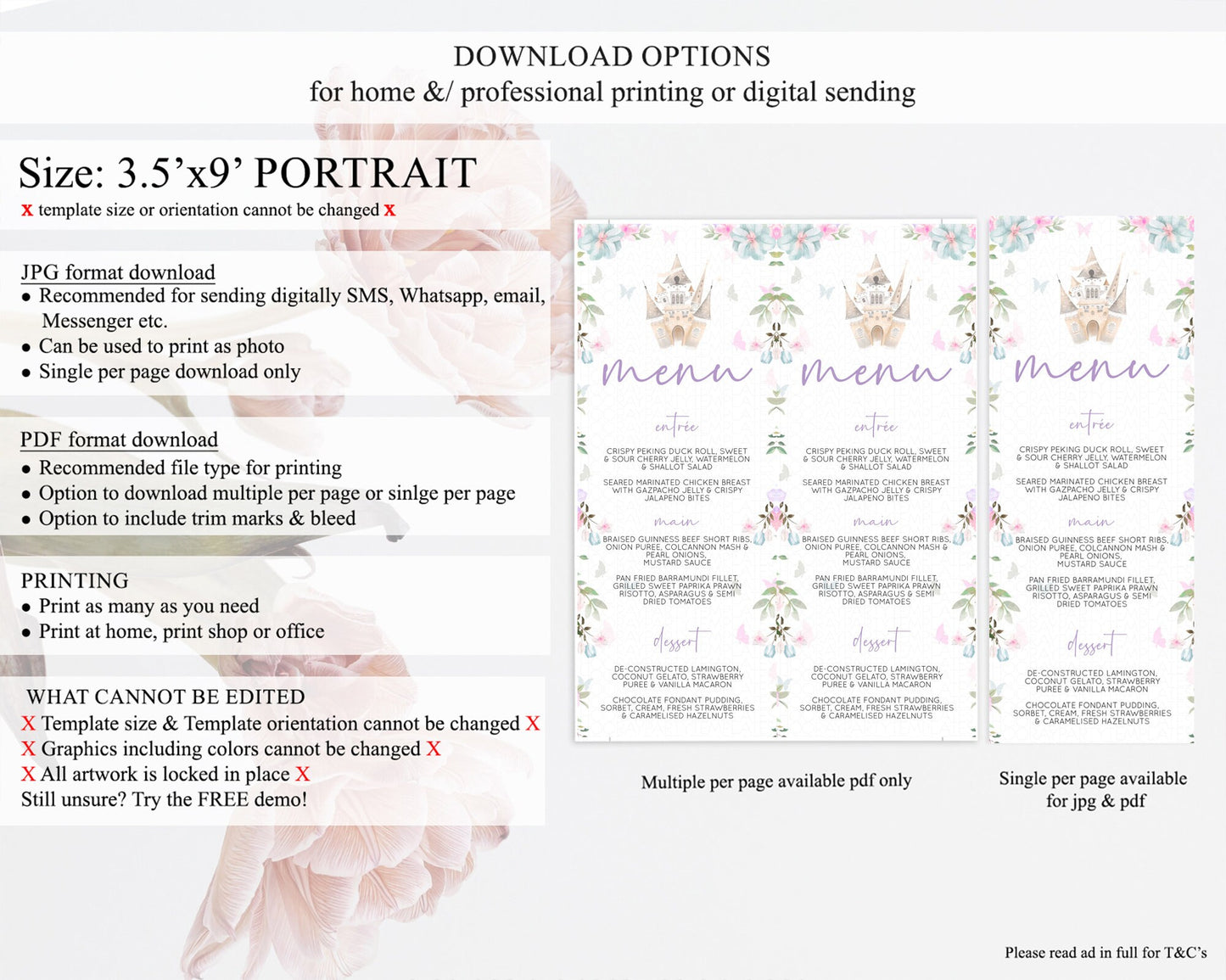 Princess Menu Castle Menu Template Secret Garden Table Decor Enchanted Castle Pastel Floral Dinner Dessert Menu Princess Food Menu D10471