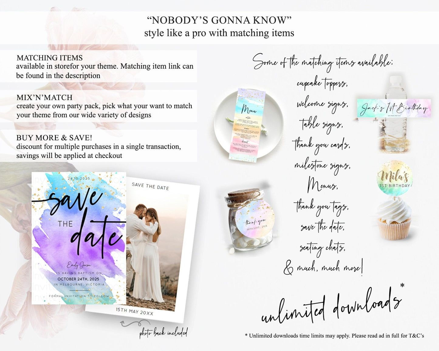 Pastel Save The Date Template Pastel Ombre Rainbow Watercolor Colorful Party For Birthday Baptism Baby Shower Wedding Bridal Shower D10491
