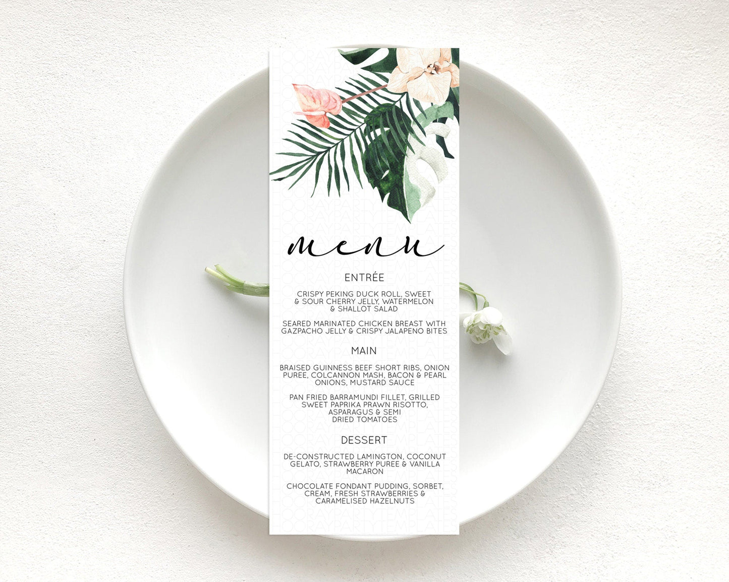 Tropical Menu Template Tropical Menu Palm Leaf Fern Table Decor Frangipani Floral White Orchid Dinner Dessert Menu Party Food Menu D11016