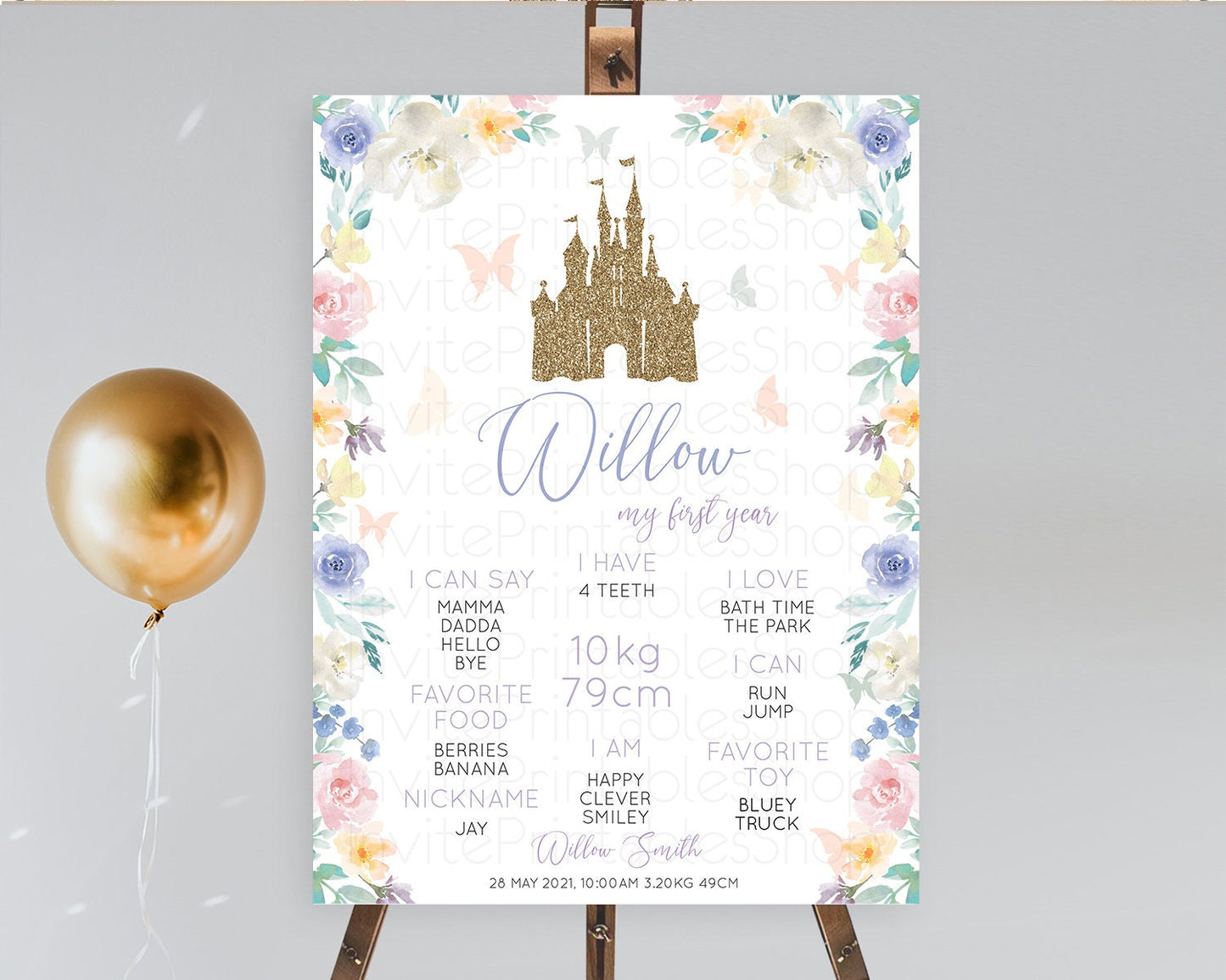 Princess First Birthday Milestone Poster Castle Milestone Board Secret Garden Enchanted Castle Pastel Floral Garden First Birthday D10931