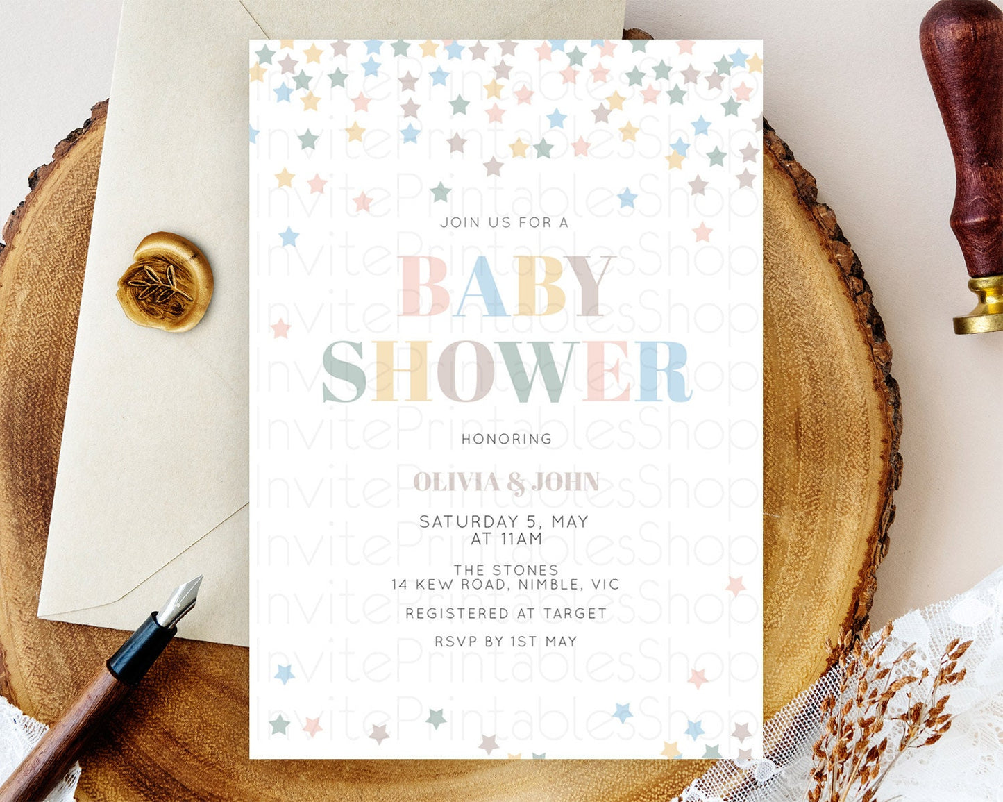 Twinkle Star Baby Shower Invitation, Pastel Rainbow Confetti, Sprinkle Stars with Soft Blue, Green, Brown, and Yellow Pink Tones D10795