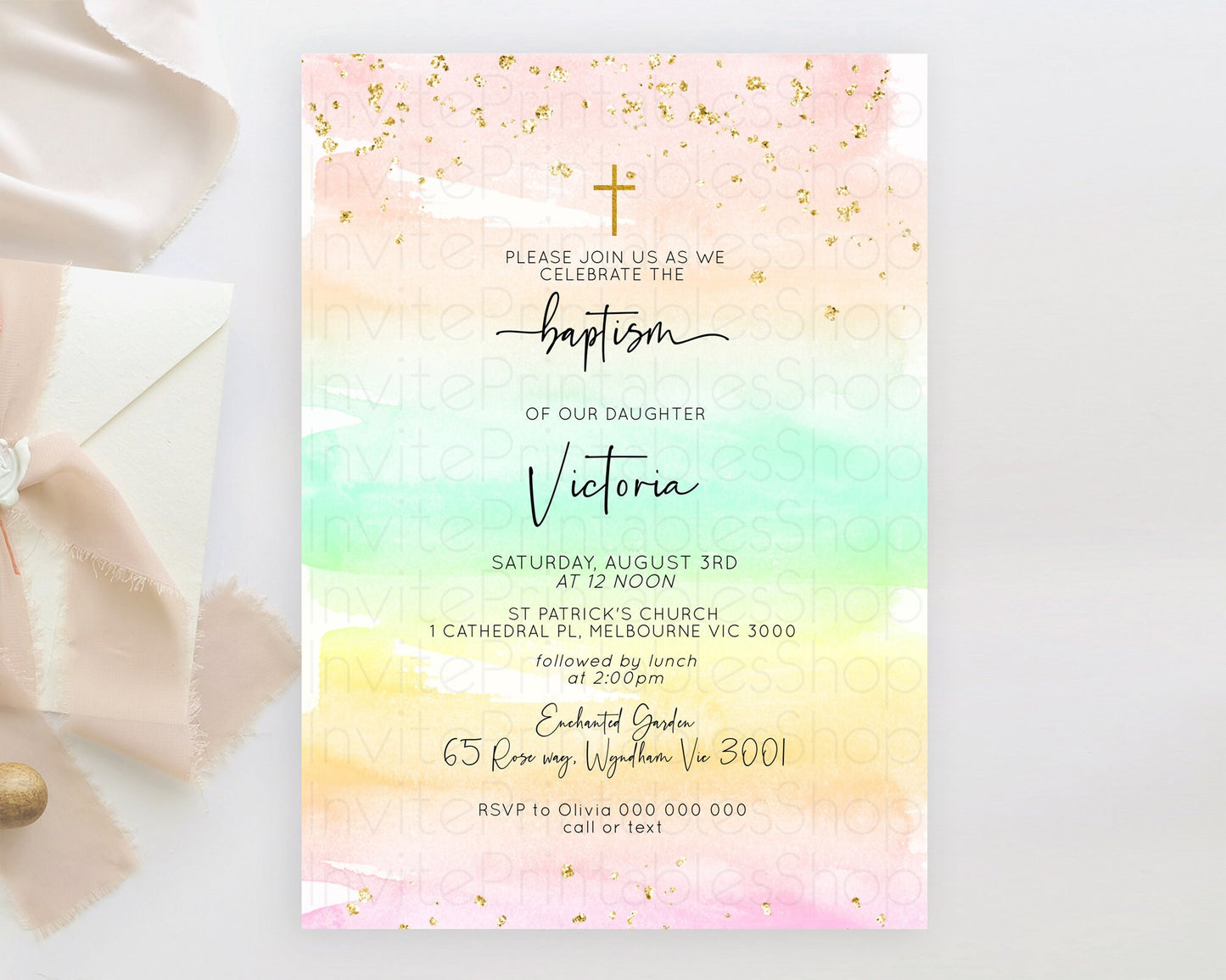 Pastel Baptism Invitation Pastel Colors Watercolor Baptism 1st Birthday Party Gold Ombre Pastel Rainbow Christening Holy Communion D10591