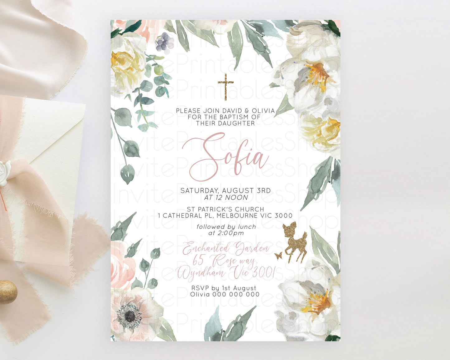 Fawn Baptism Invitation Deer Baptism 1st Birthday Invitation Enchanted Forest Christening Invitation Pastel Garden Butterfly Floral D10120