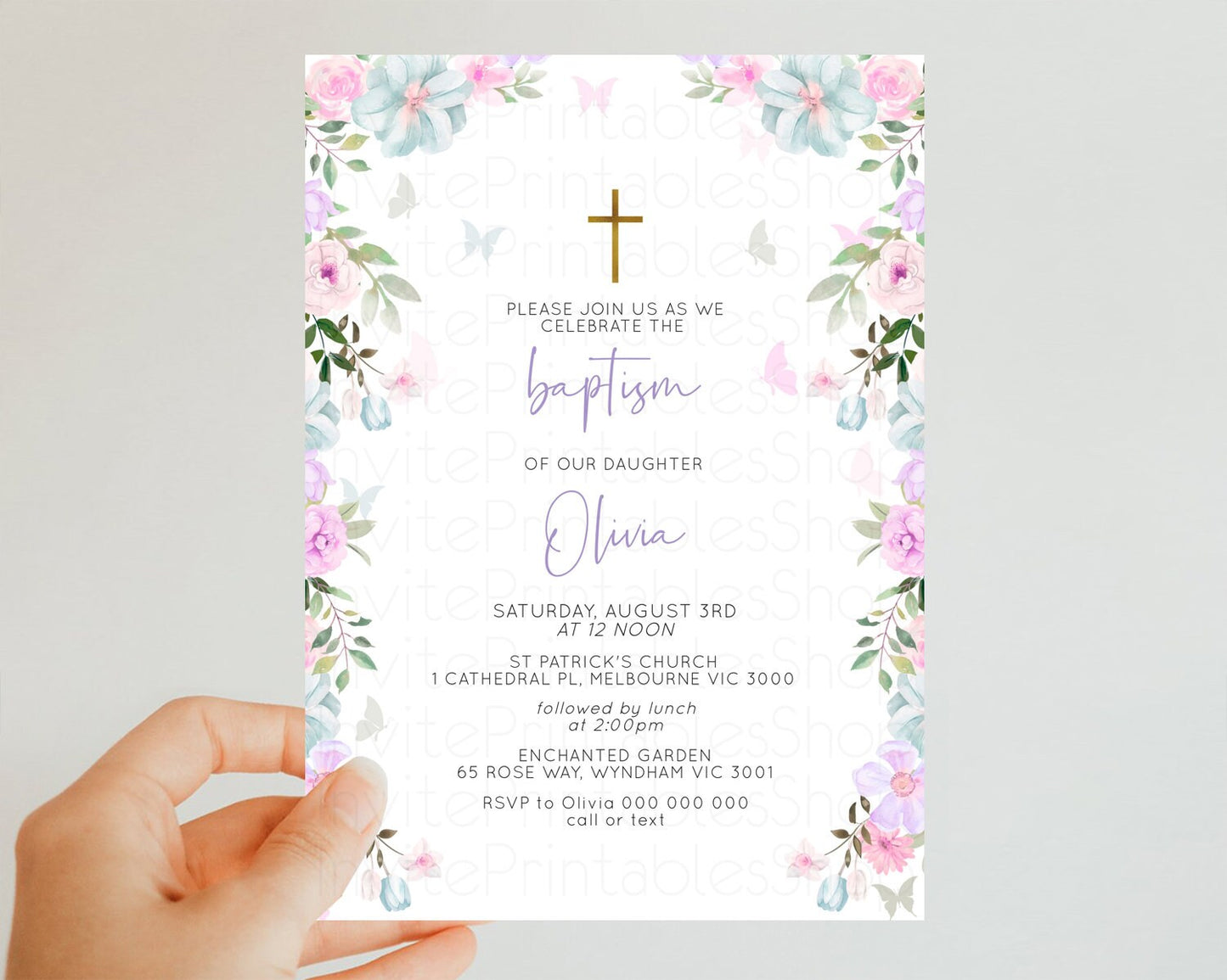 Floral Baptism Invitation Pastel Floral Christening Invitation Enchanted Garden Purple Pink Flowers Butterflies Holy Communion Invite 513